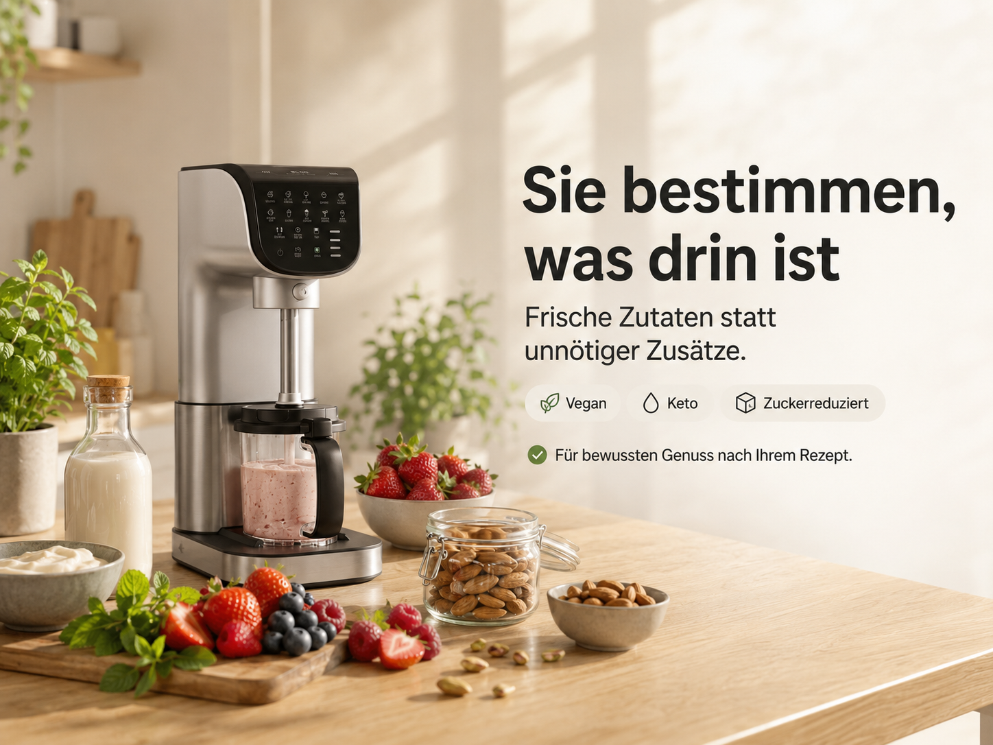 Ein silberner Mixer mit Früchten, Mandeln und Milch. Text: Sie bestimmen, was drin ist.