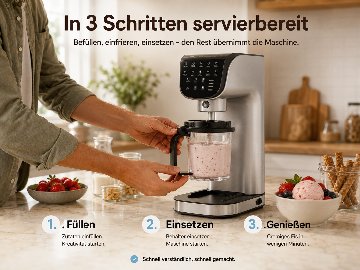 Mann macht Eiscreme mit Maschine. Zutaten: Erdbeeren, Milch, Nüsse. Servierfertig in 3 Schritten.
