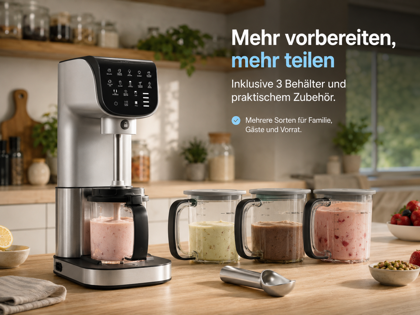 Silberner Mixer mit drei Behältern mit Smoothies auf Holztisch.