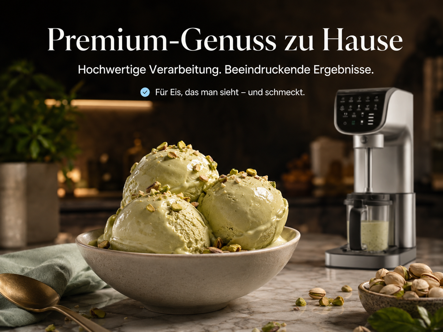 Eine Eismaschine steht neben einer Schale mit Pistazieneis und ganzen Pistazien.