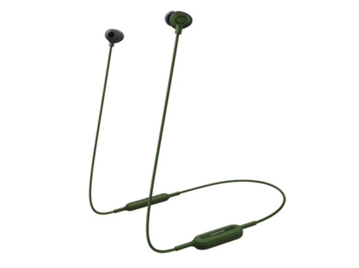 Auriculares inalámbricos verdes con cable y control remoto en línea sobre fondo blanco.