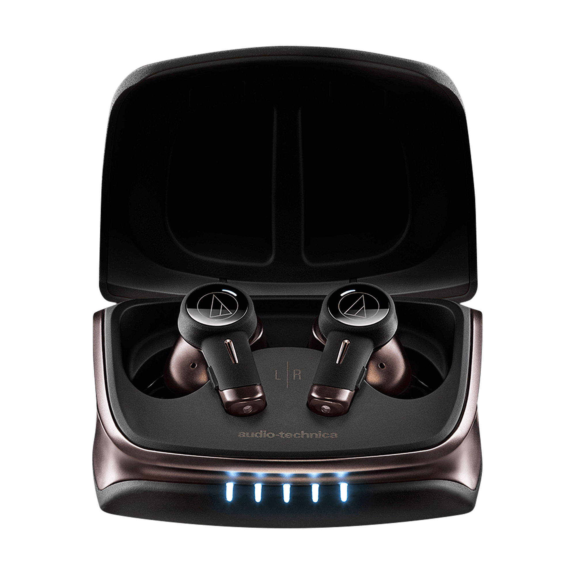 Auricolari Audio-Technica neri con accenti bronze in custodia di ricarica aperta con luci indicatori blu.