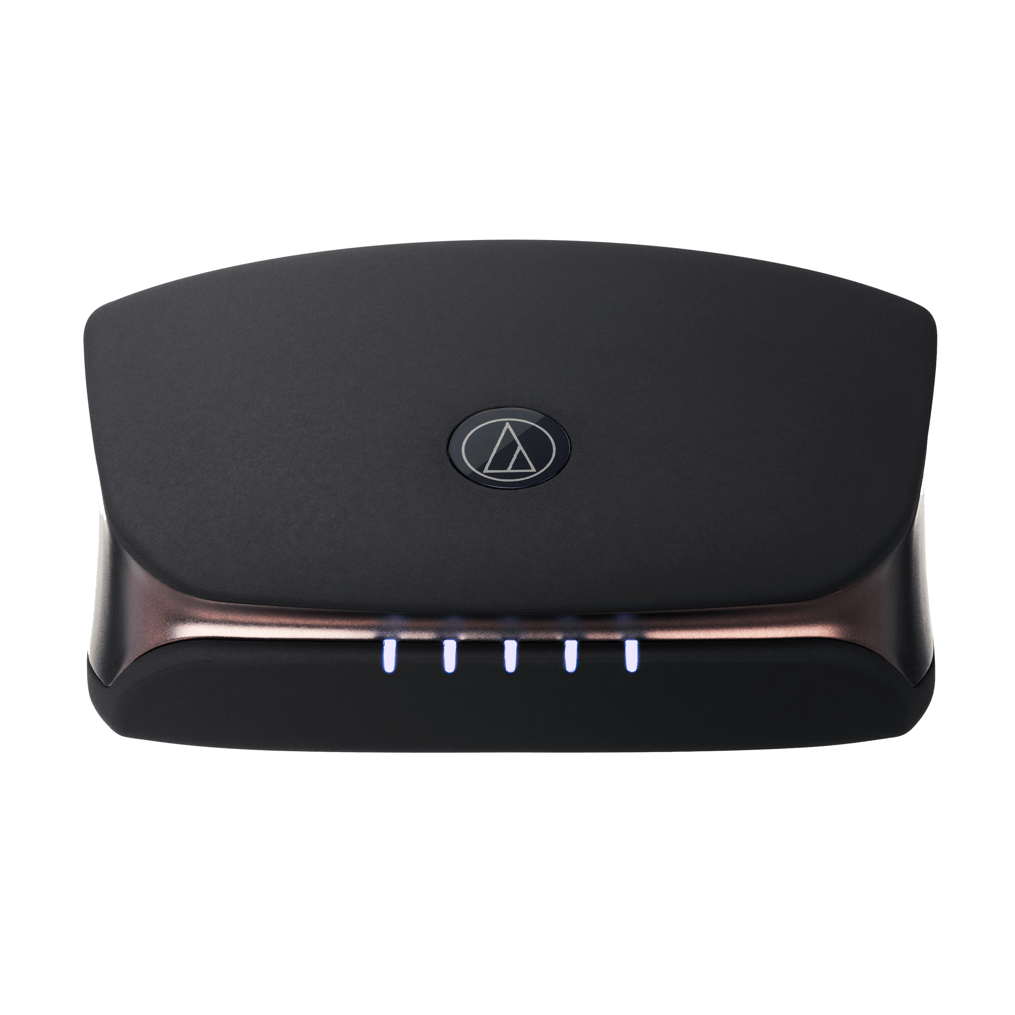 Dispositivo audio nero con logo e indicatori LED blu.
