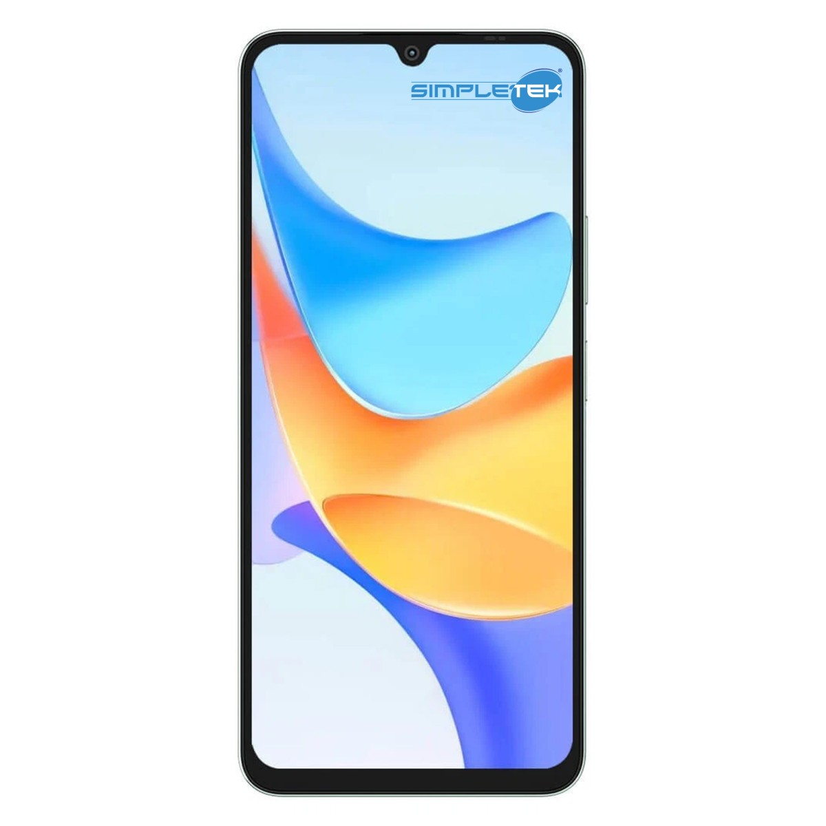 Uno smartphone con notch a goccia e sfondo astratto colorato.