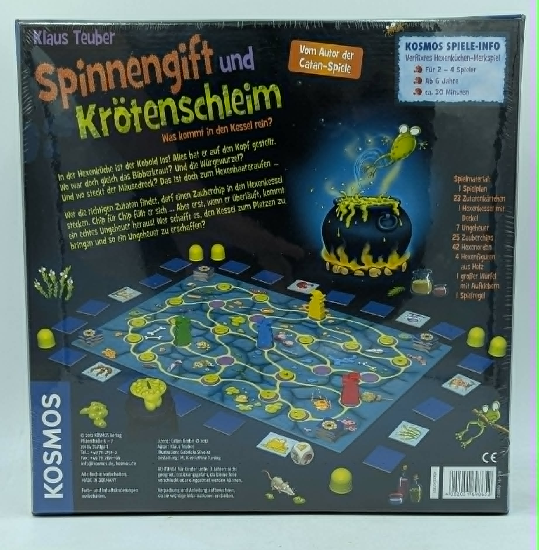 Brettspiel "Spinnengift und Krötenschleim" von Kosmos mit Spielbrett, Figuren und Kessel.