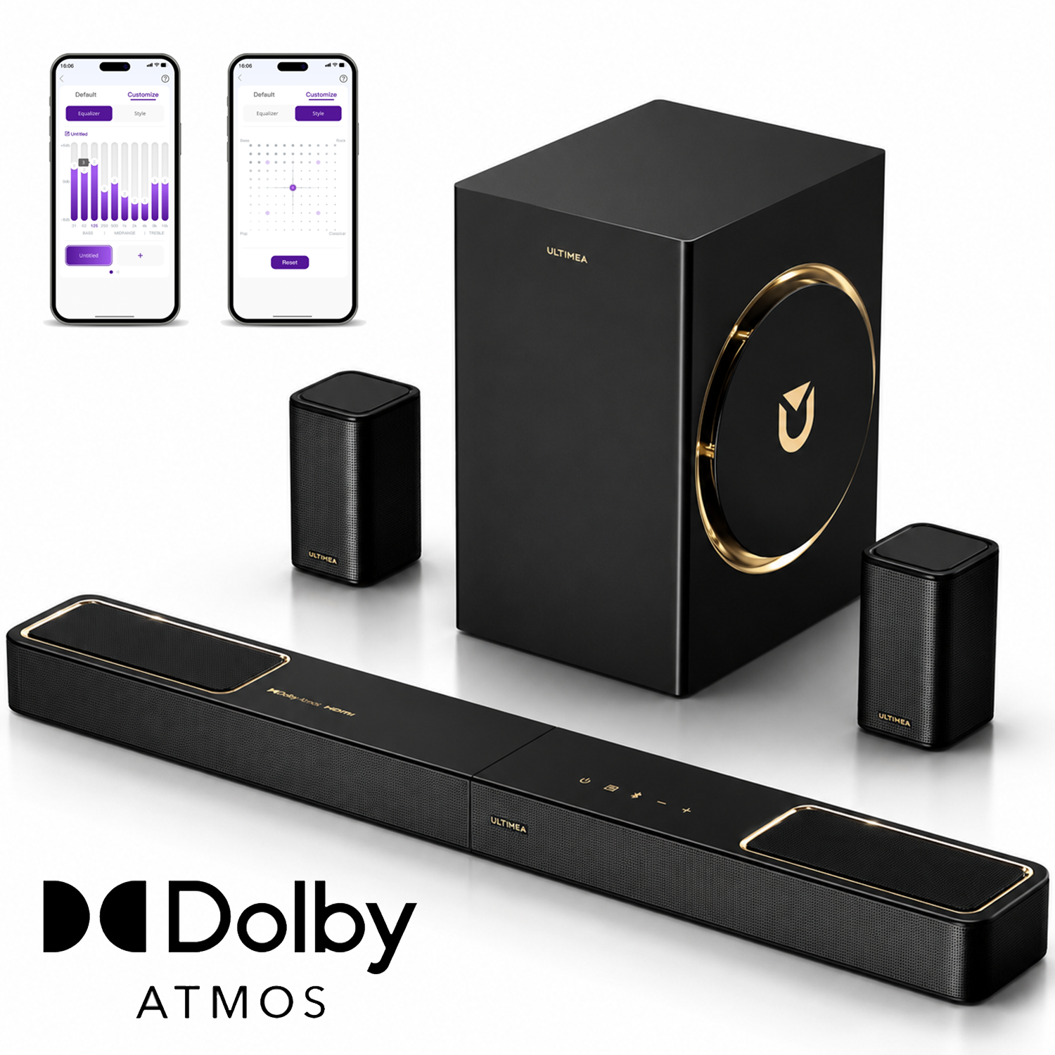 Sistema audio nero con subwoofer, soundbar, due altoparlanti satelliti e schermate app del telefono.