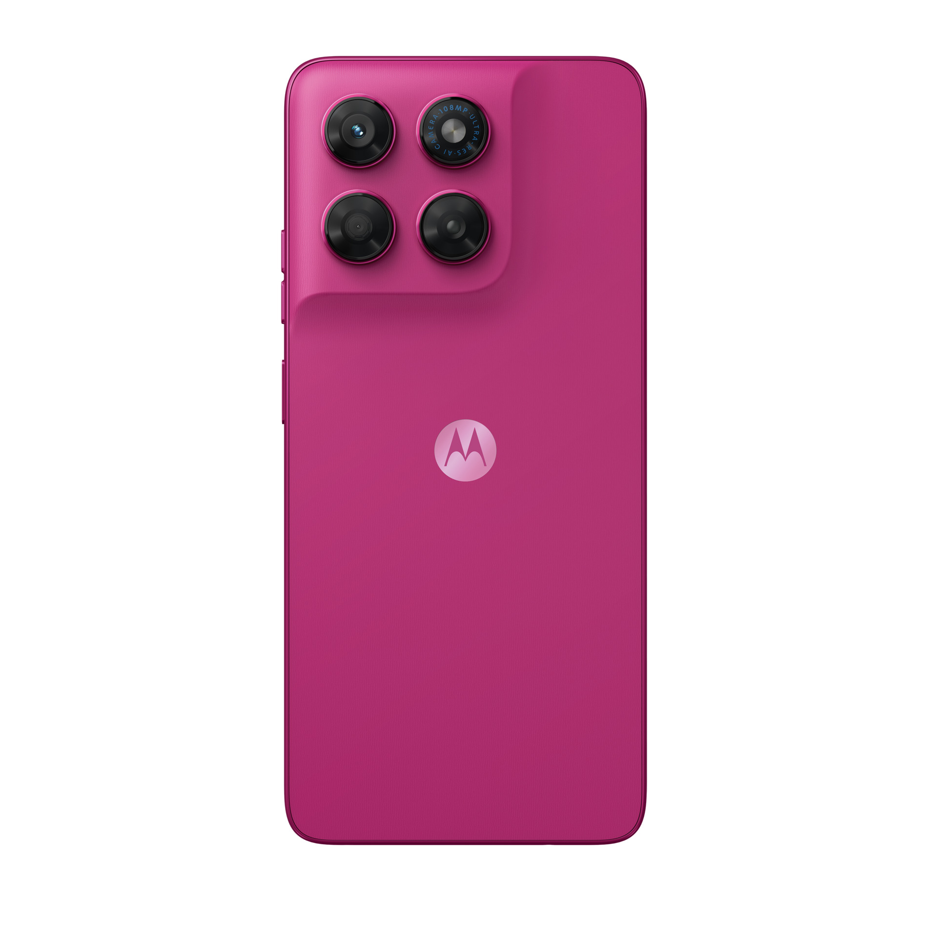Rückseite eines schmalen, magentafarbenen Smartphones mit vier Kameras und einem Motorola-Logo.