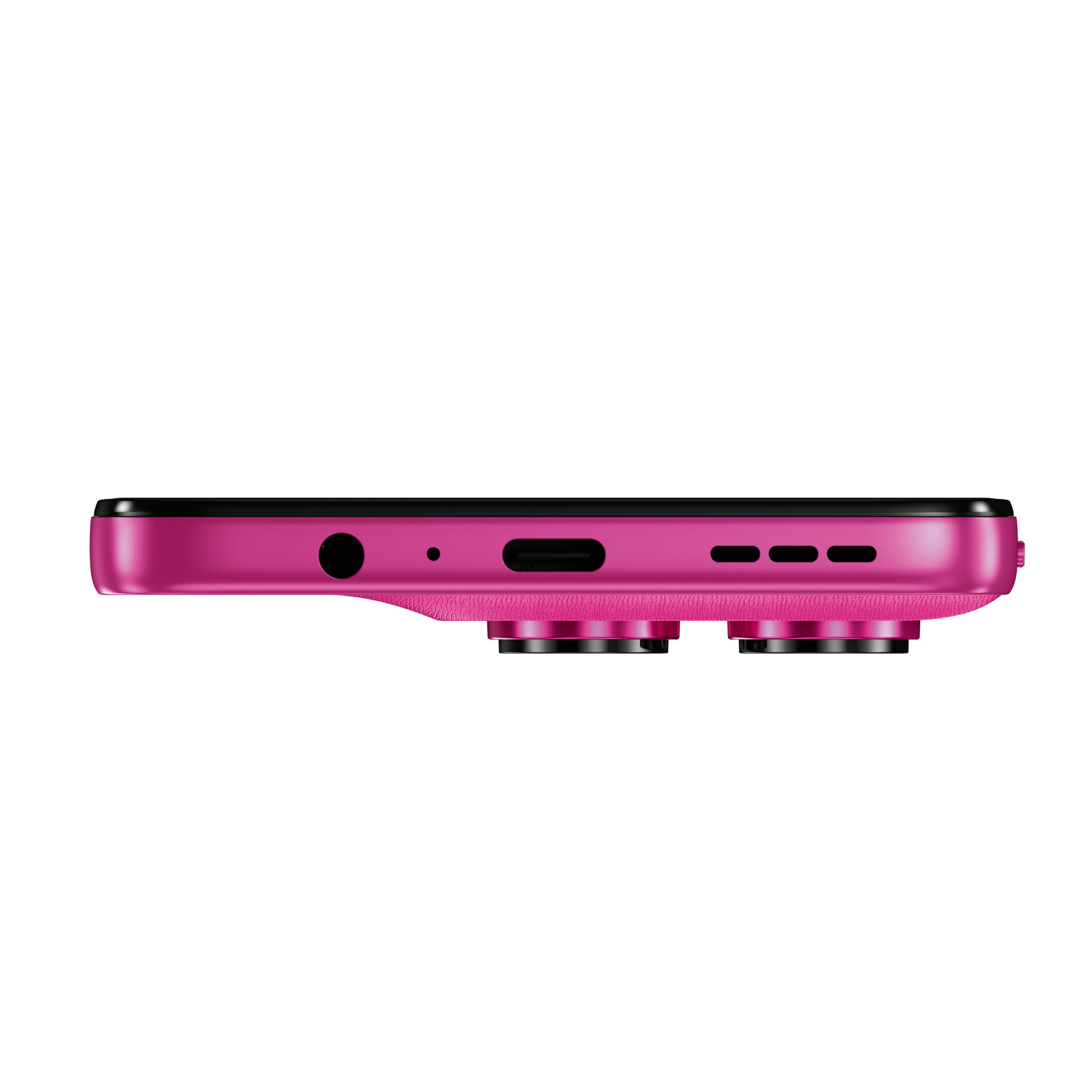 Nahaufnahme eines pinken Smartphones mit Ladeanschluss und Kameras.