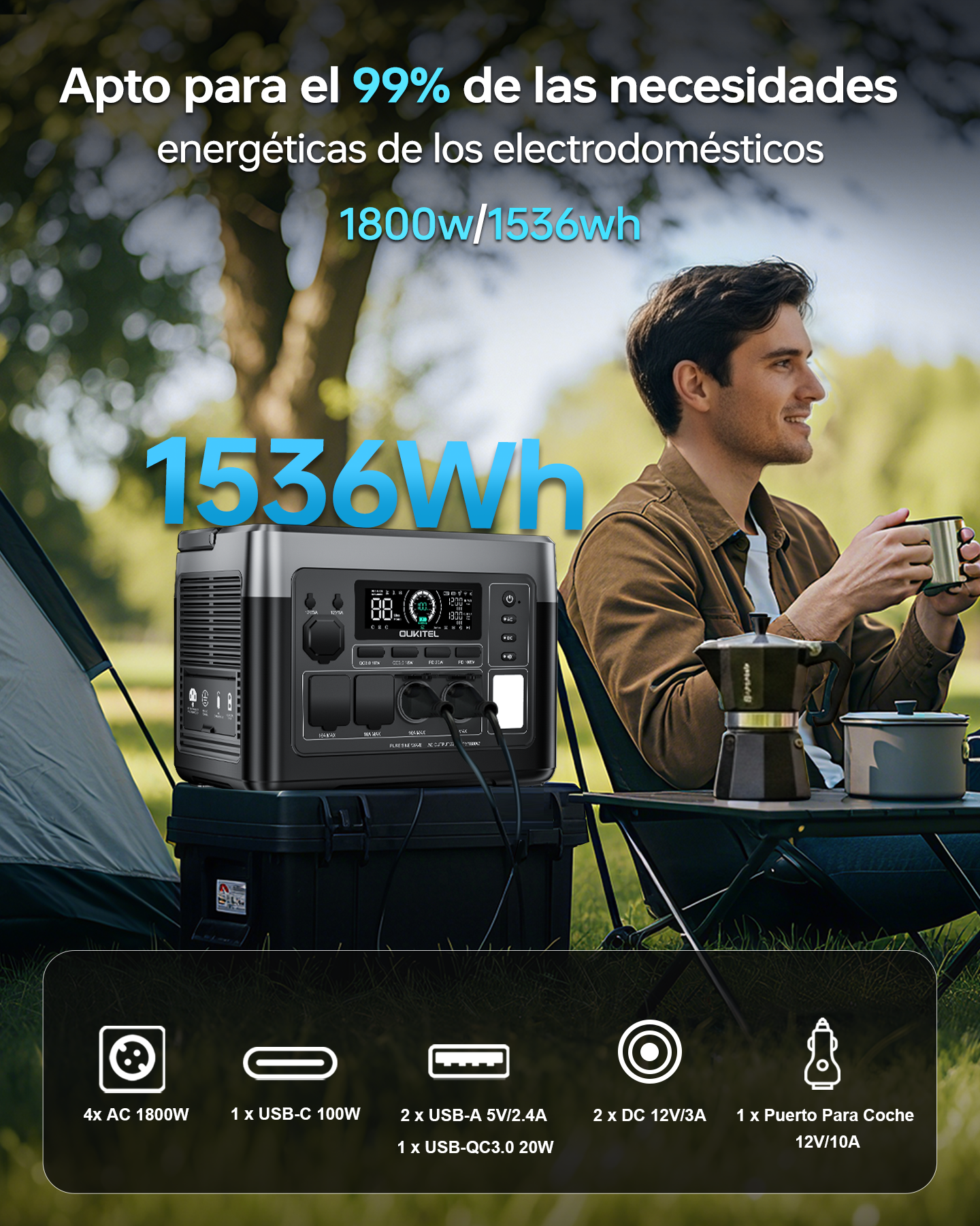 Hombre sentado al aire libre en una mesa de camping junto a una central eléctrica y cafetera.