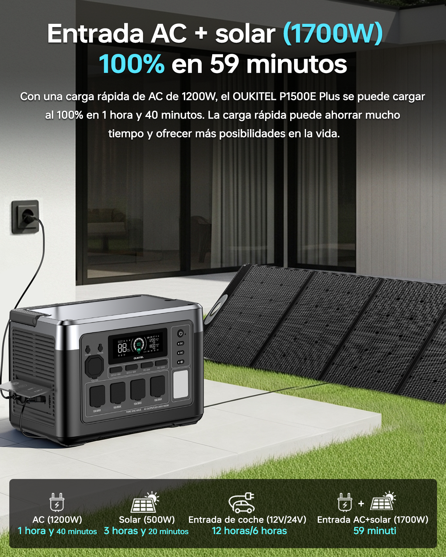 Estación de energía gris con panel solar y enchufe cercano.