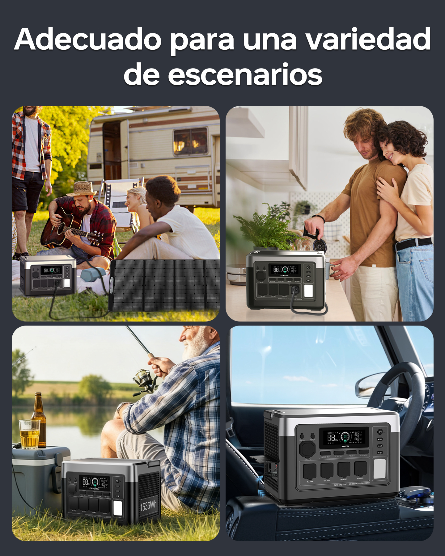 Cuatro escenas muestran estaciones de energía portátiles al aire libre, en interiores, pescando y en un coche.