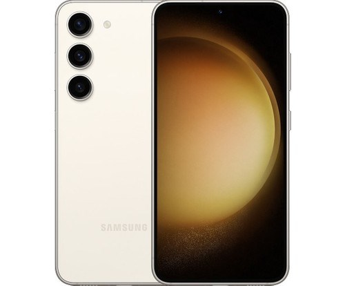 Üç arka kamerası ve Samsung logosu bulunan açık bej renkli bir akıllı telefon.