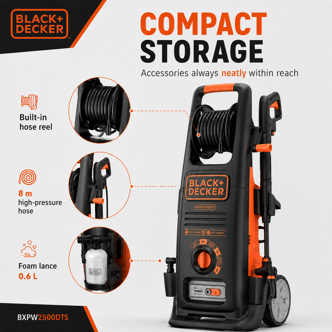 Zwarte en oranje Black+Decker hogedrukreiniger met ingebouwde haspel en schuimlans.