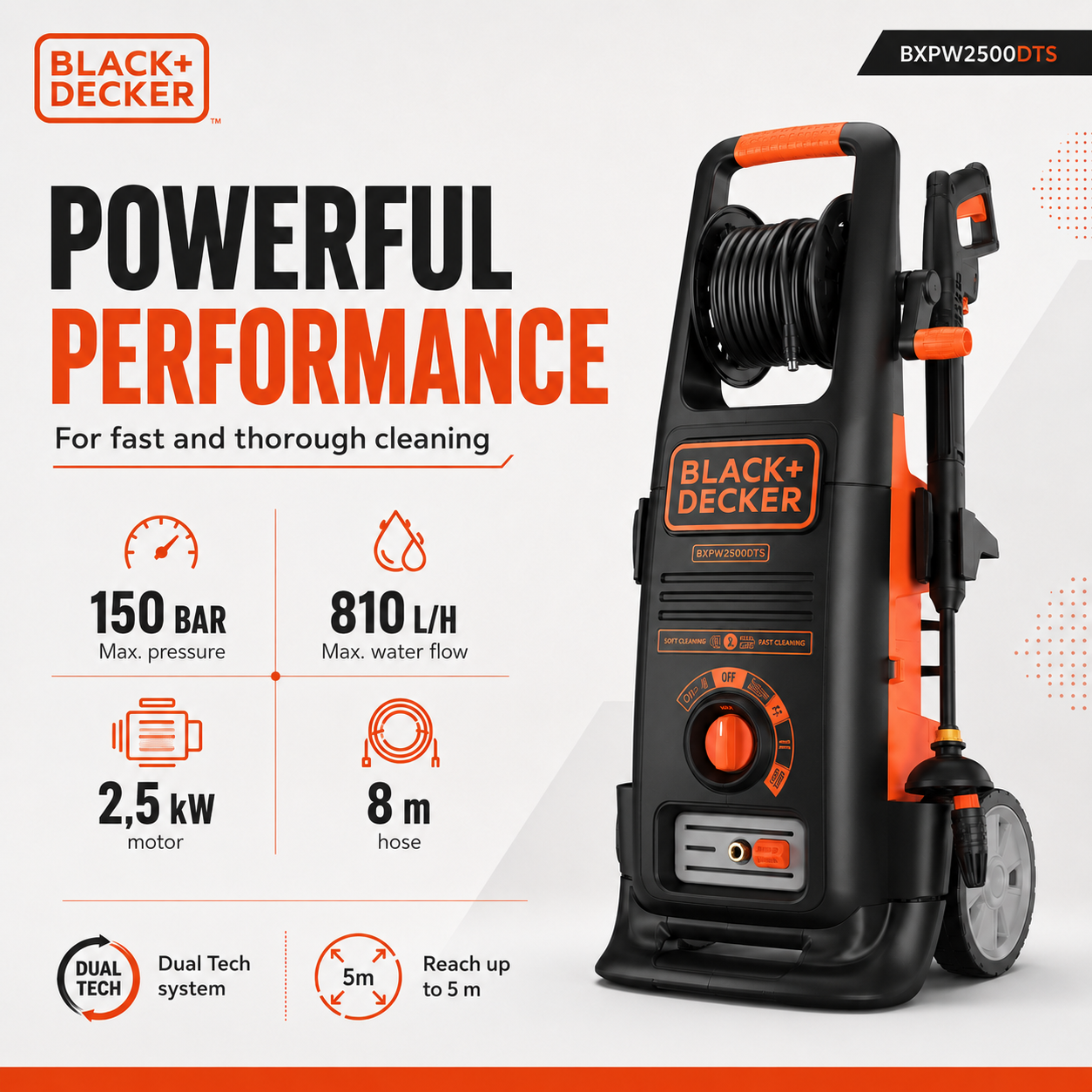 Black+Decker hogedrukreiniger: 150 bar, 810 L/H, 2,5 kW motor, 8m slang.