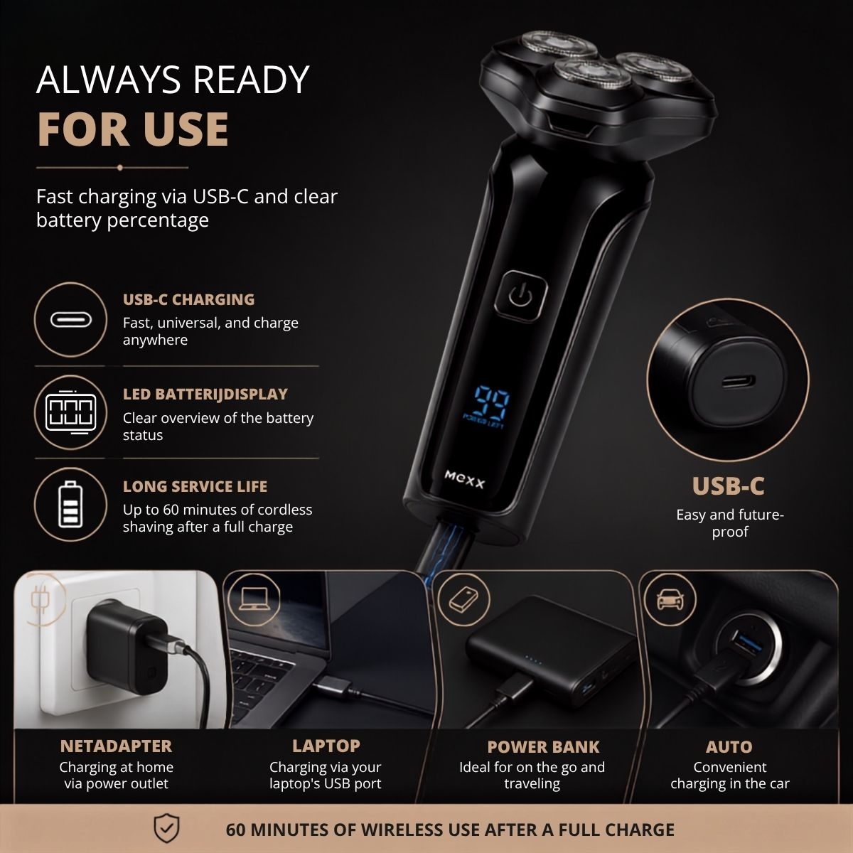 Een zwarte elektrische scheerapparaat met USB-C opladen en batterijweergave.