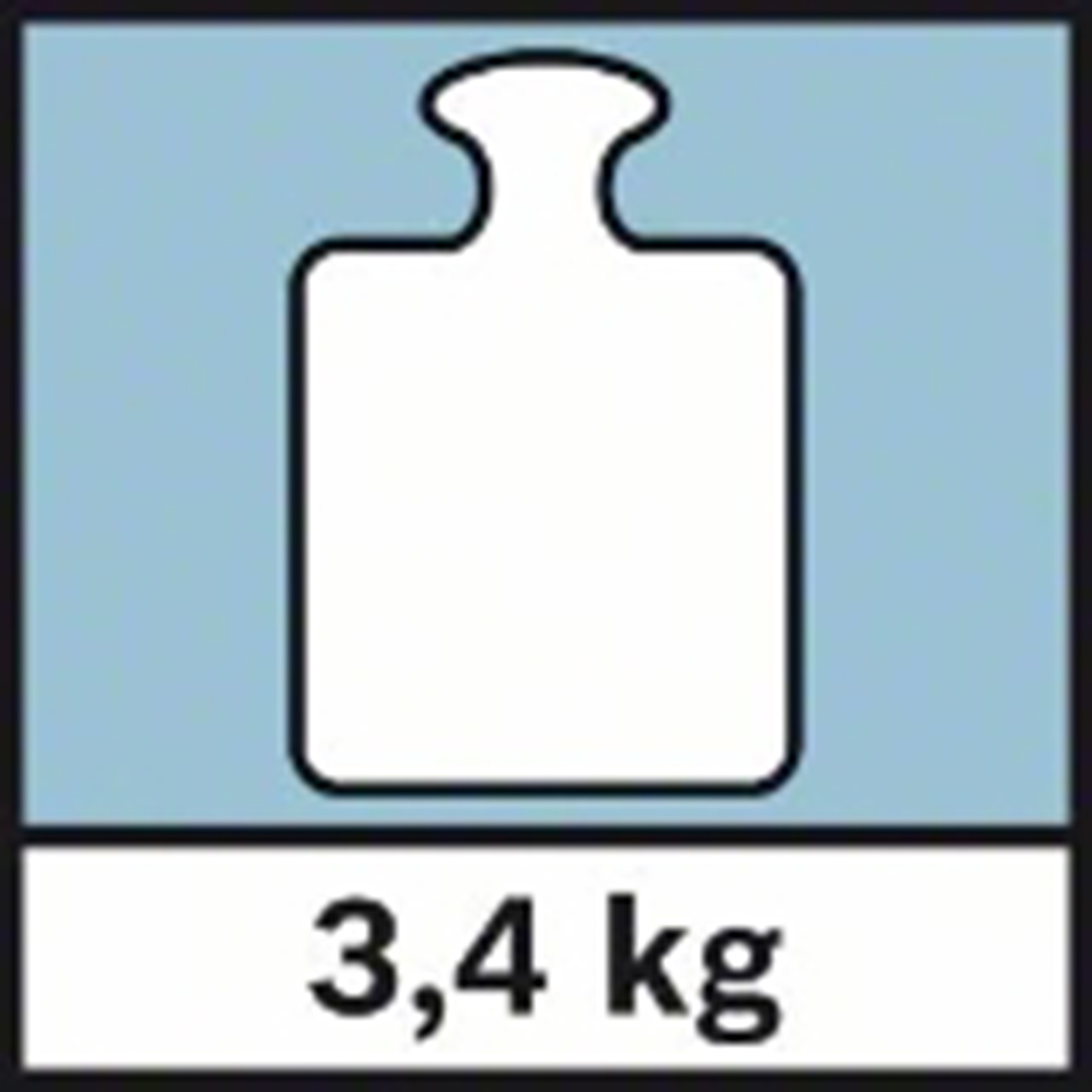 Un simbolo di peso bianco con l'etichetta 3,4 kg.