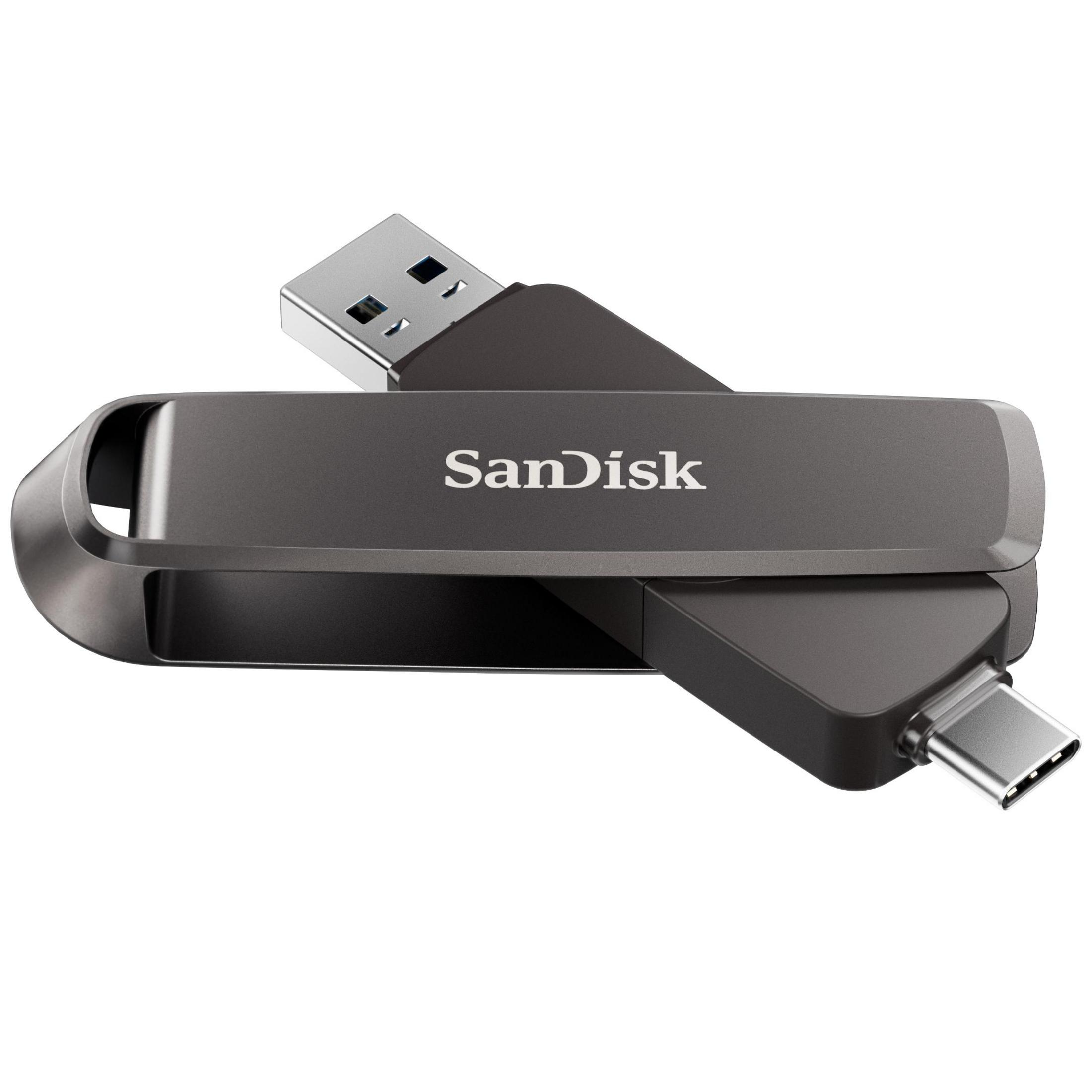 Ein graues SanDisk USB-Speichergerät mit USB-A- und USB-C-Anschlüssen.