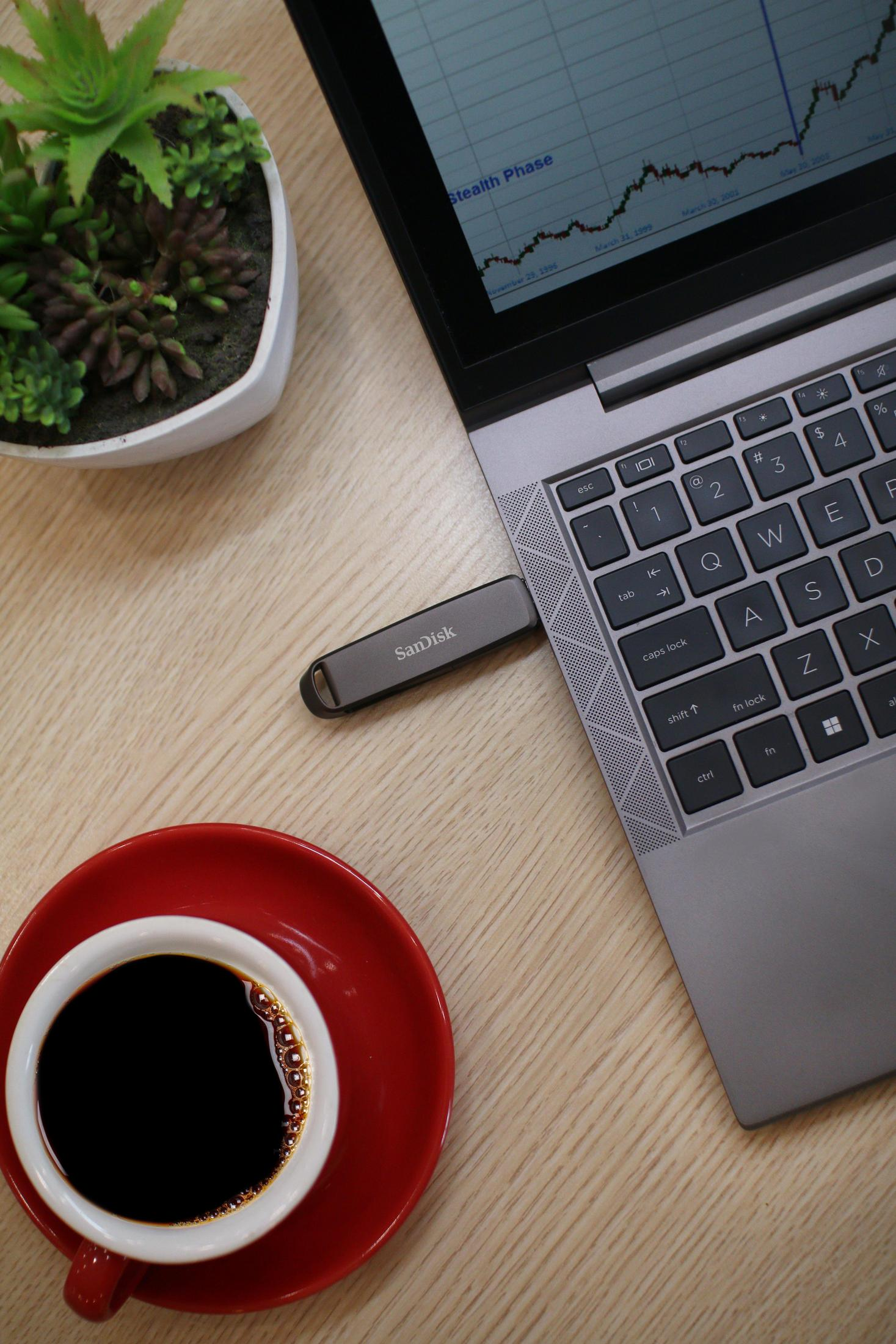 Ein Laptop mit einem USB-Stick, einer Kaffeetasse und einer Pflanze auf einem Holztisch.