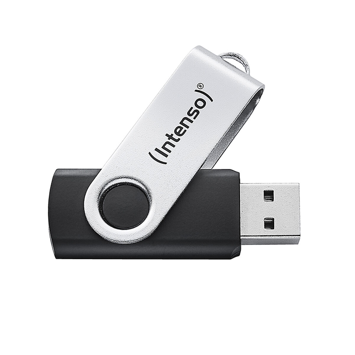 Ein schwarzer USB-Stick mit silbernem Schwenkarm, auf dem "(Intenso)" steht.