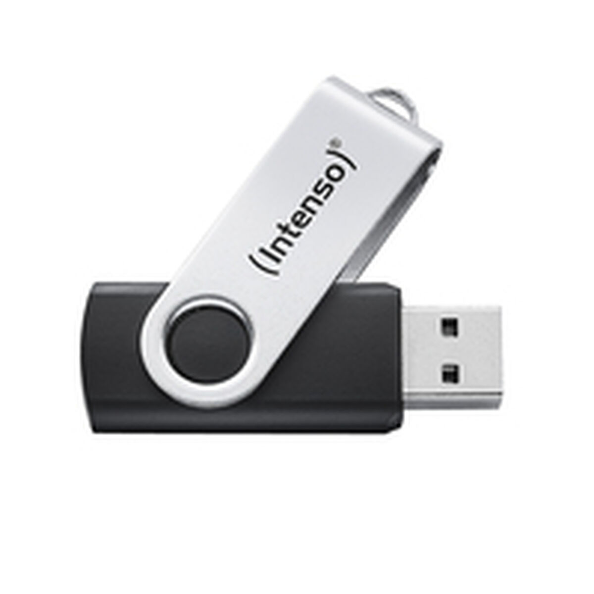 Ein schwarzer USB-Stick mit drehbarem silbernem Deckel und dem Logo von Intenso.