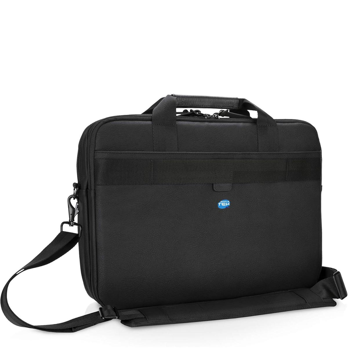 Borsa nera per laptop con manico, tracolla e un piccolo logo blu.