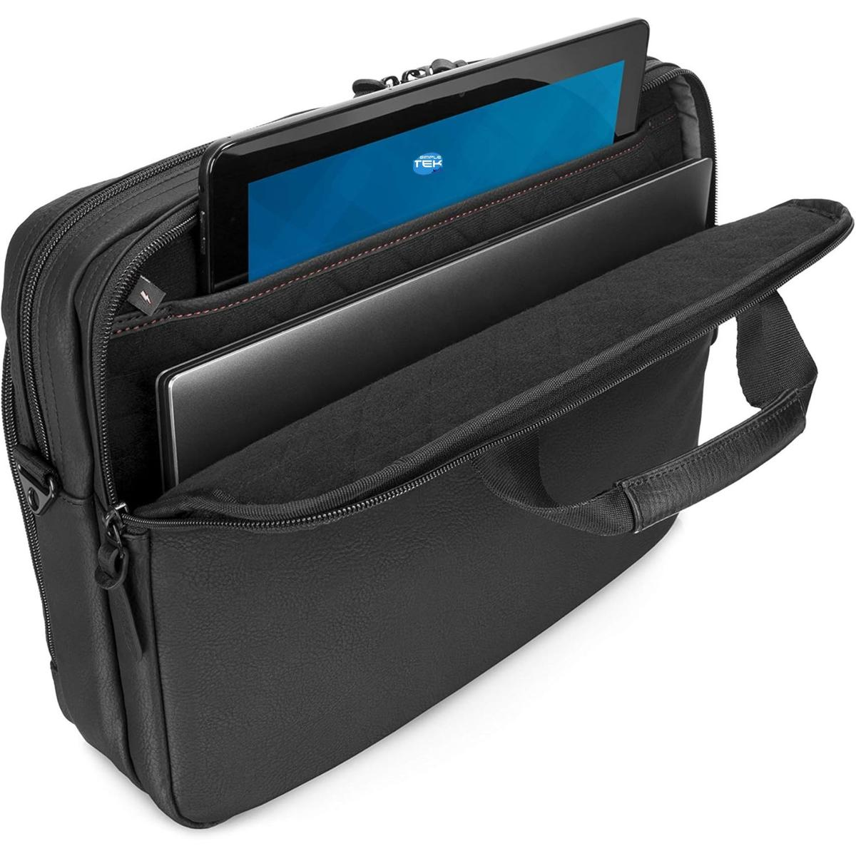 Borsa nera per laptop con scomparto aperto che mostra un laptop e un tablet.