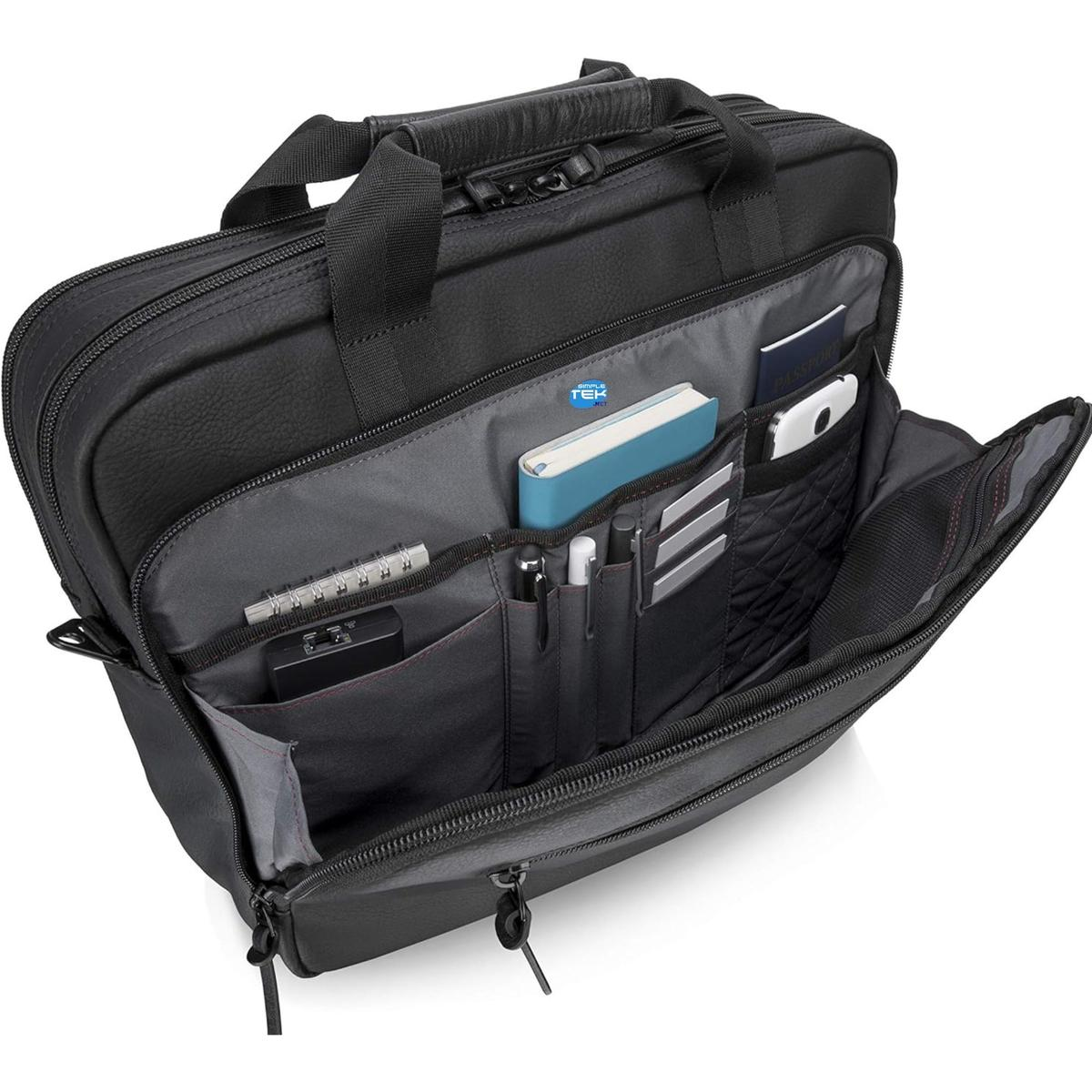 Borsa porta computer nera con scomparto principale aperto, piena di taccuino, penne, passaporto e telefono.