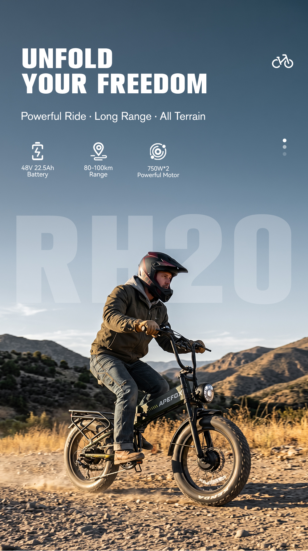 Hombre monta bicicleta eléctrica en camino de tierra, con texto.