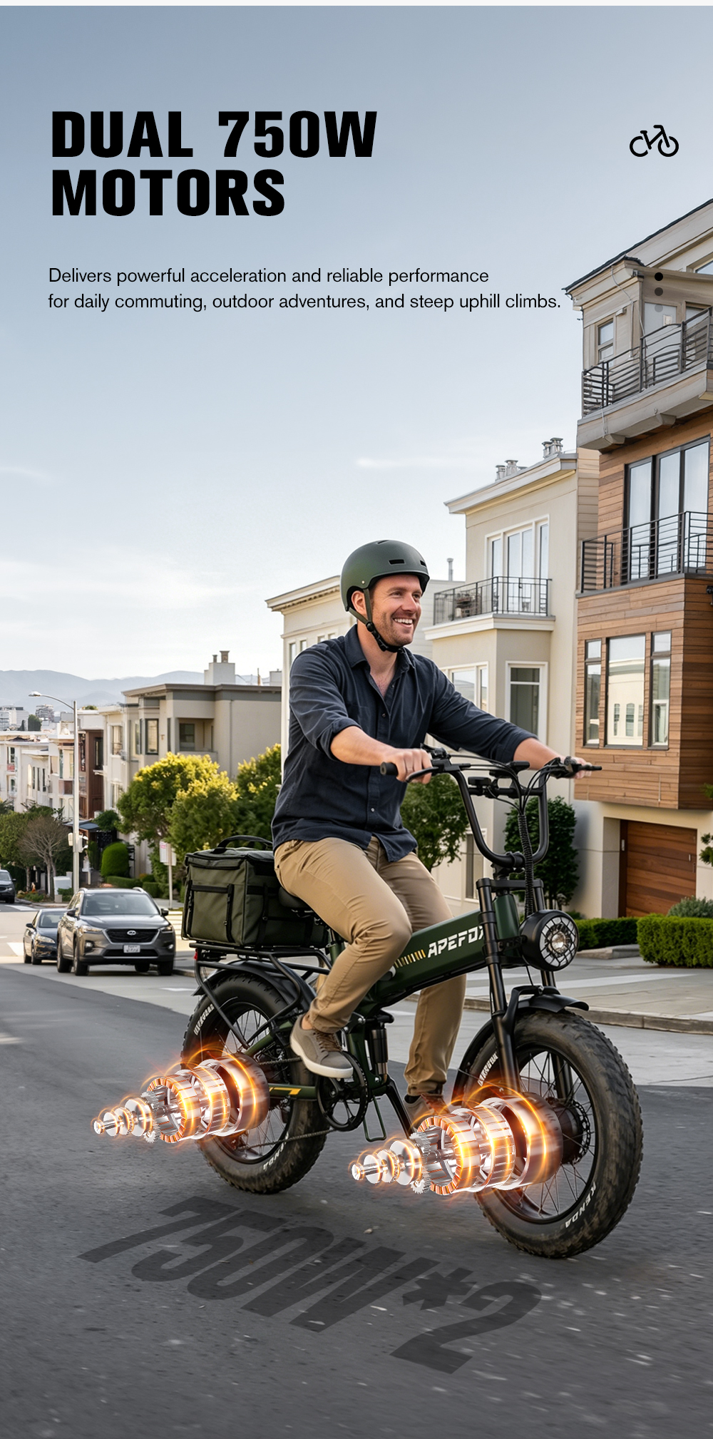 Hombre monta bicicleta eléctrica con doble motor en calle con casas.