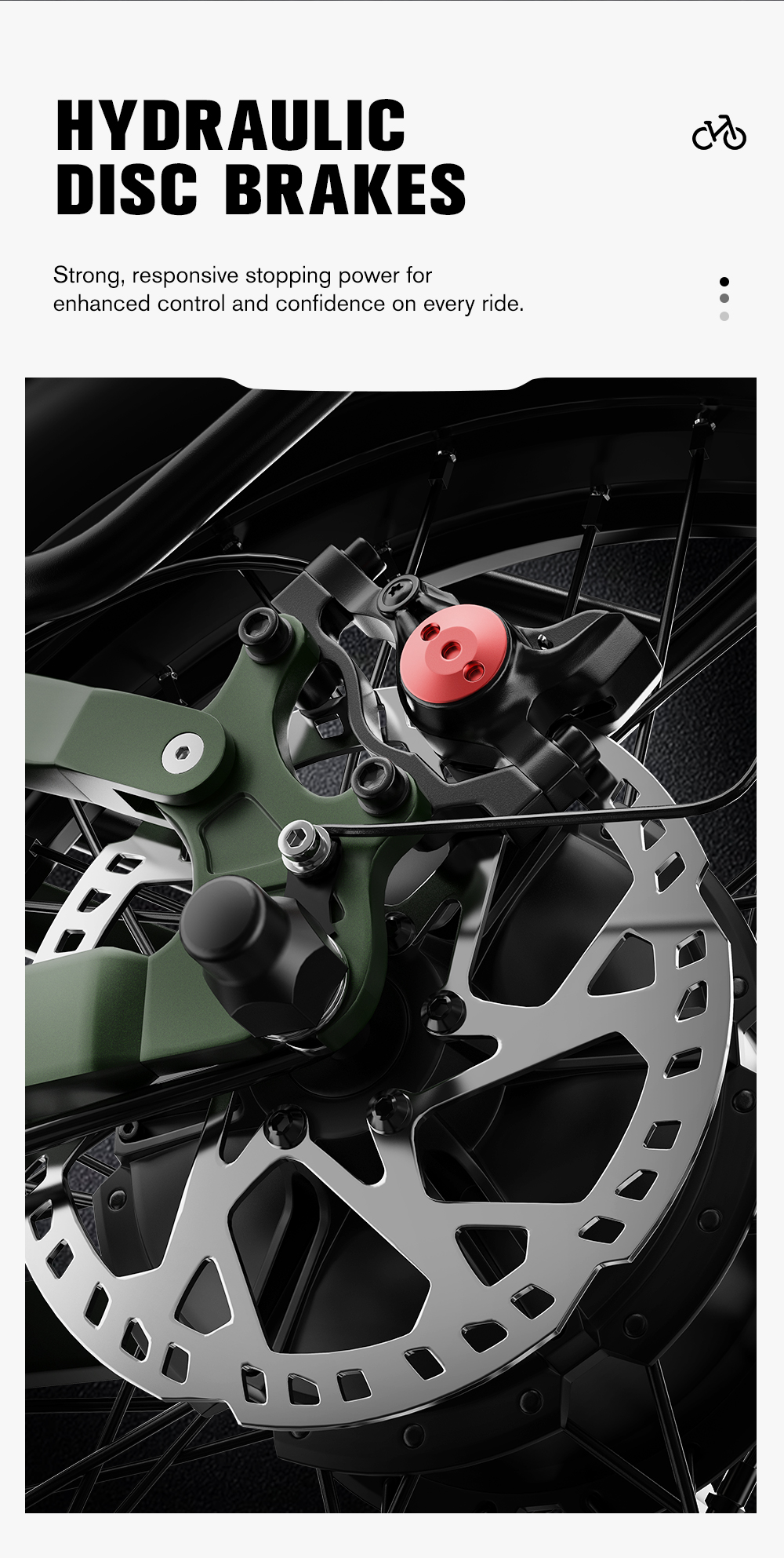 Frenos de disco hidráulicos con rotor, pinza y detalles rojos.