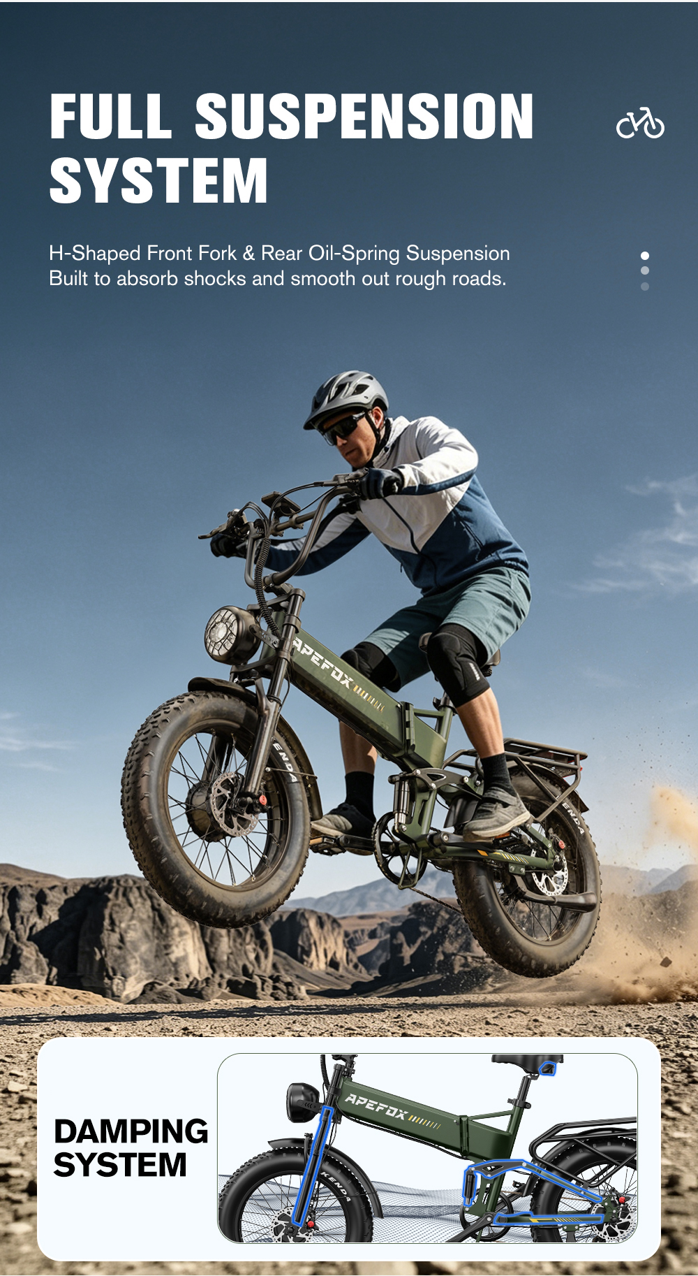 Un hombre salta con una e-bike verde oliva con suspensión de aceite en un paisaje desértico.