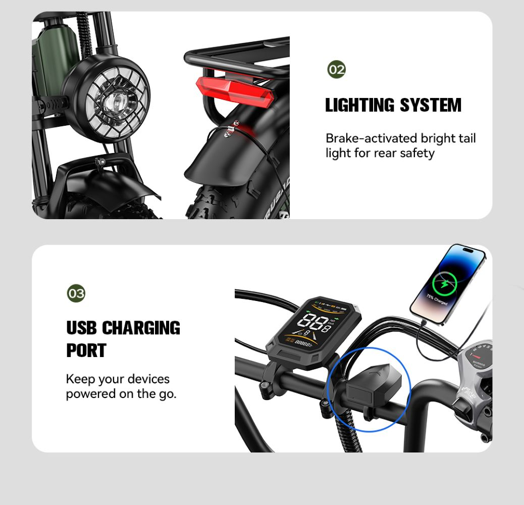 Sistema de iluminación de bicicleta eléctrica y puerto de carga USB con pantalla y teléfono.