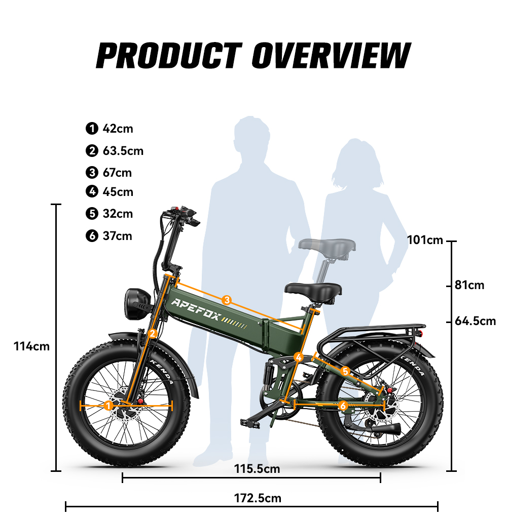 Descripción general del producto con dimensiones de una e-bike verde junto a siluetas.