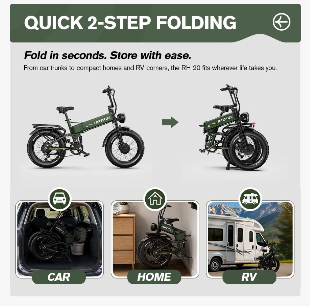 Bicicleta eléctrica verde se pliega para guardarla en coche, casa o RV. Plegado rápido.