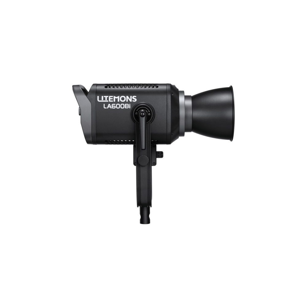 Black studio light with reflector and handle, on a white background.