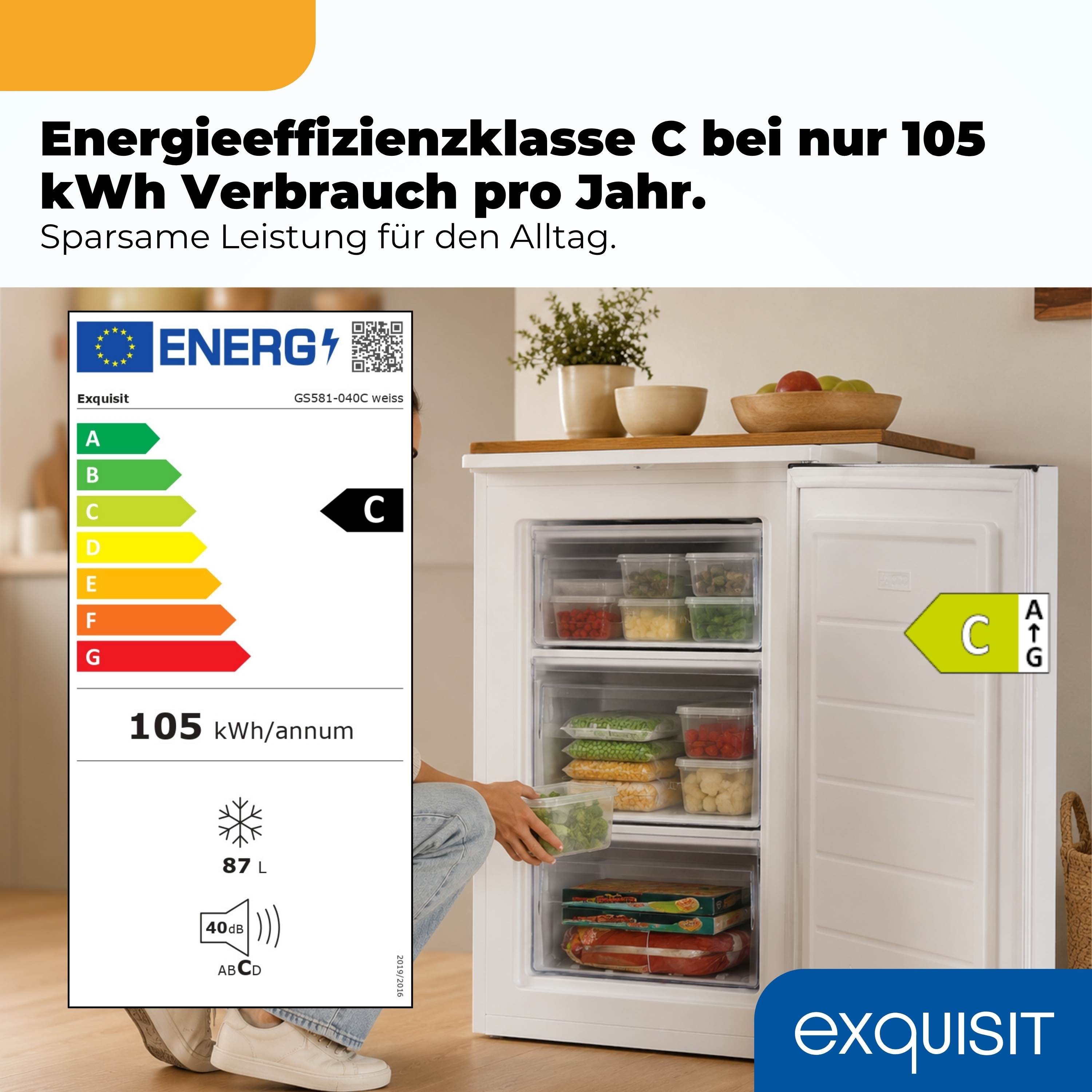 Gefrierschrank mit Energieeffizienzklasse C, 105 kWh/Jahr, 87 L, 40 dB.