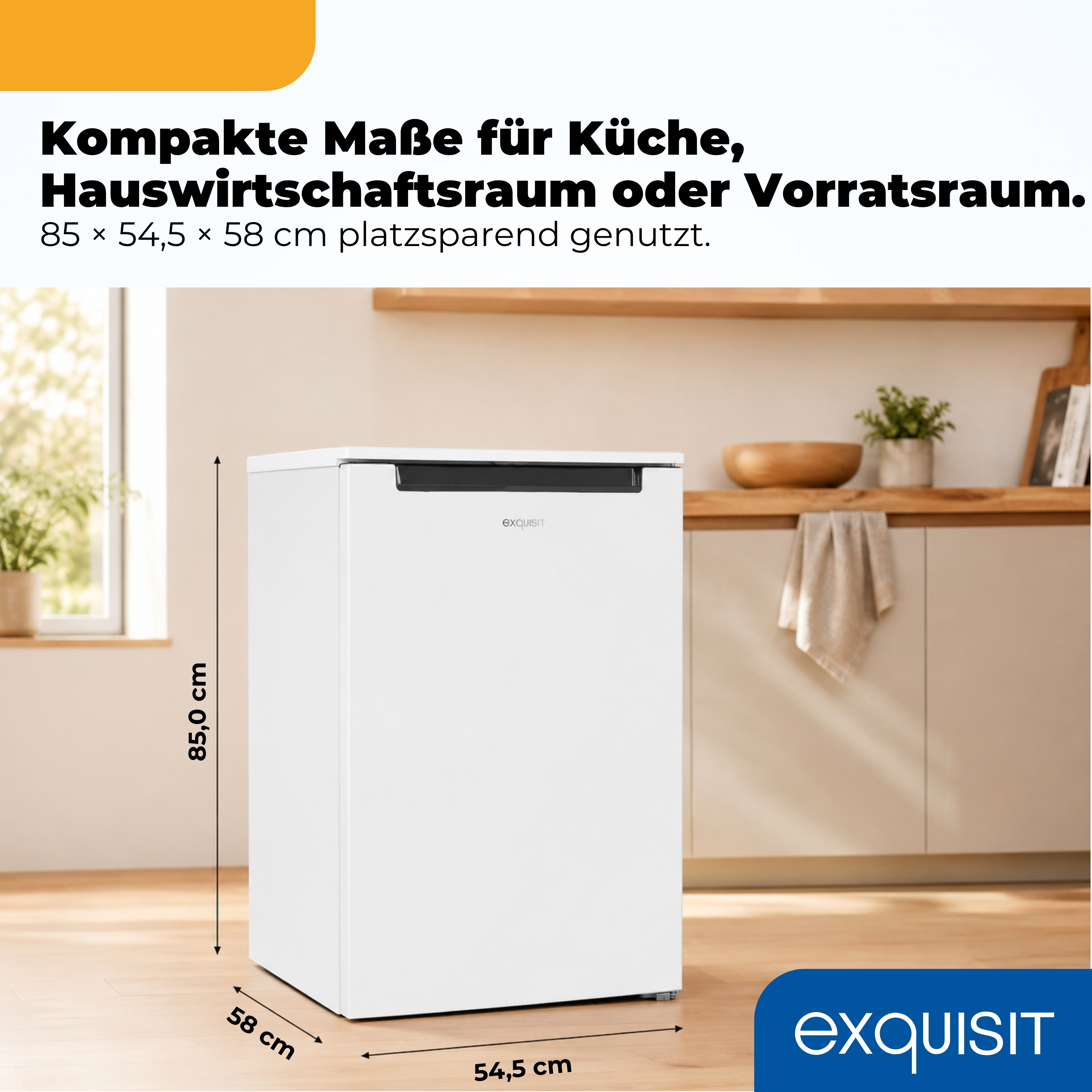 Ein weißer, kompakter Kühlschrank mit den Maßen 85x54,5x58 cm.