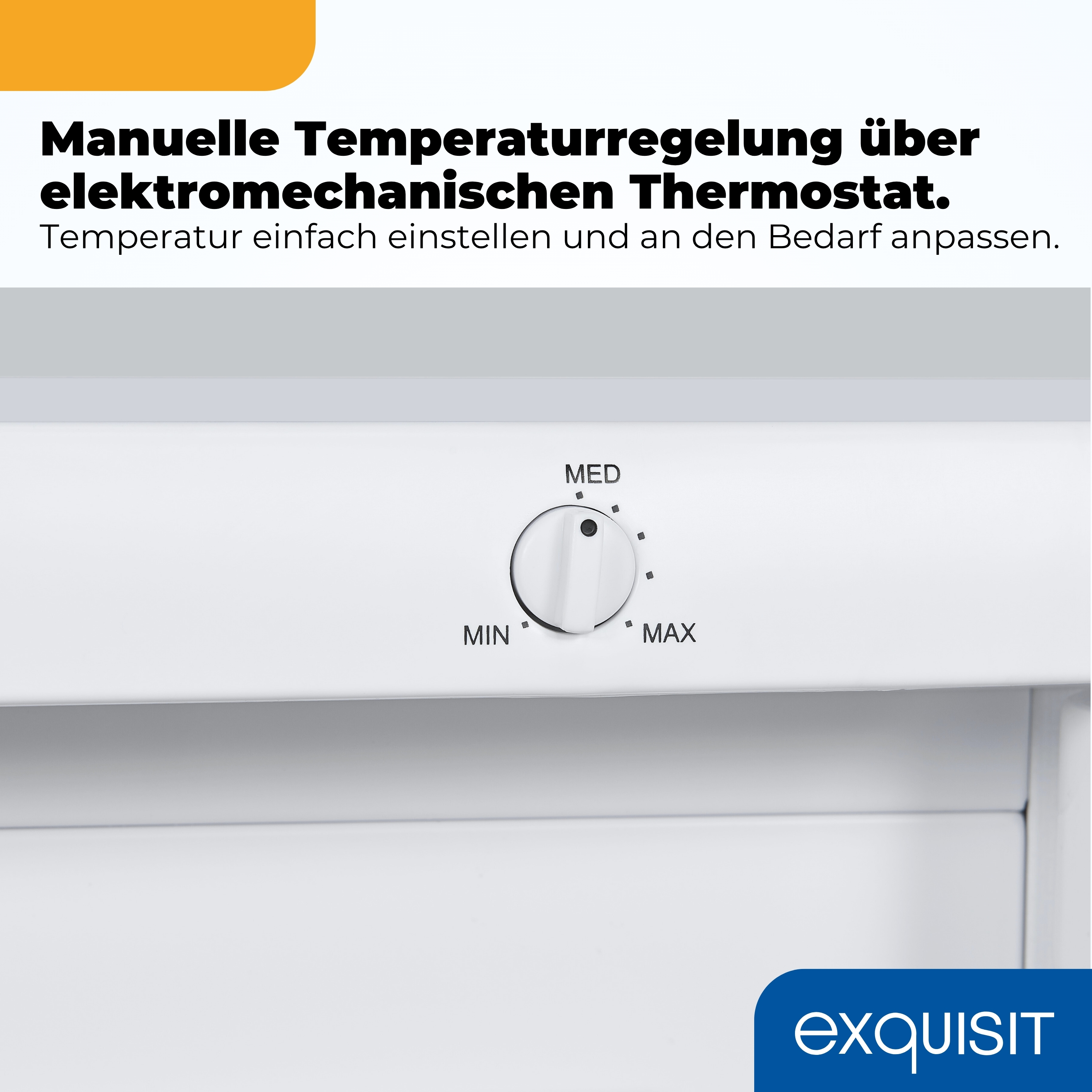 Ein weißer Thermostatregler mit MIN, MED und MAX Einstellungen.