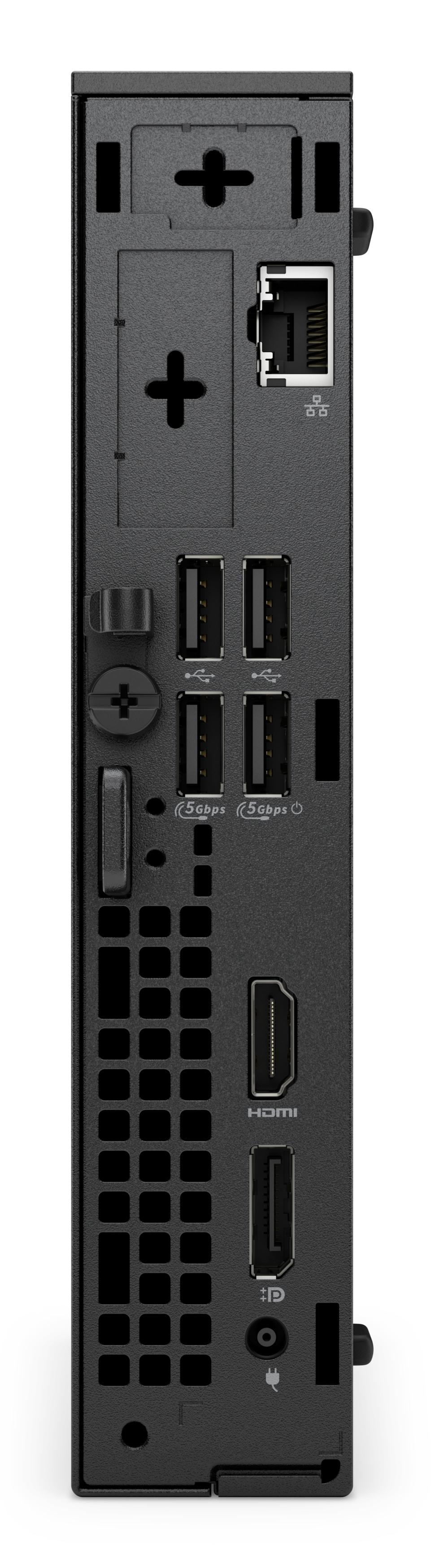 Panel trasero de torre de computadora negra con puertos USB, HDMI, Ethernet y ventilaciones.
