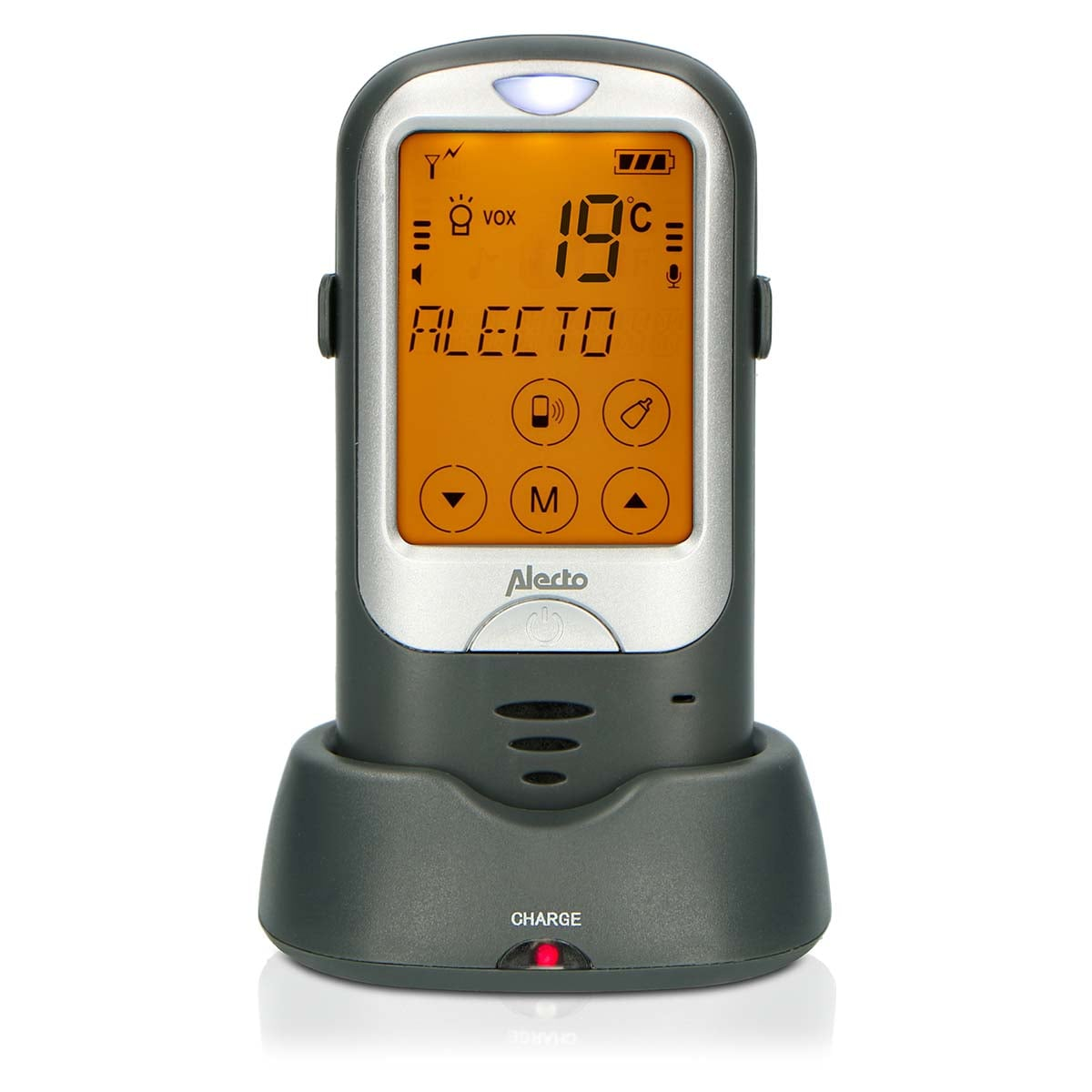 Ein Alecto Babyphone mit einem orangefarbenen Bildschirm, der 19°C anzeigt, steht auf einer Ladestation.