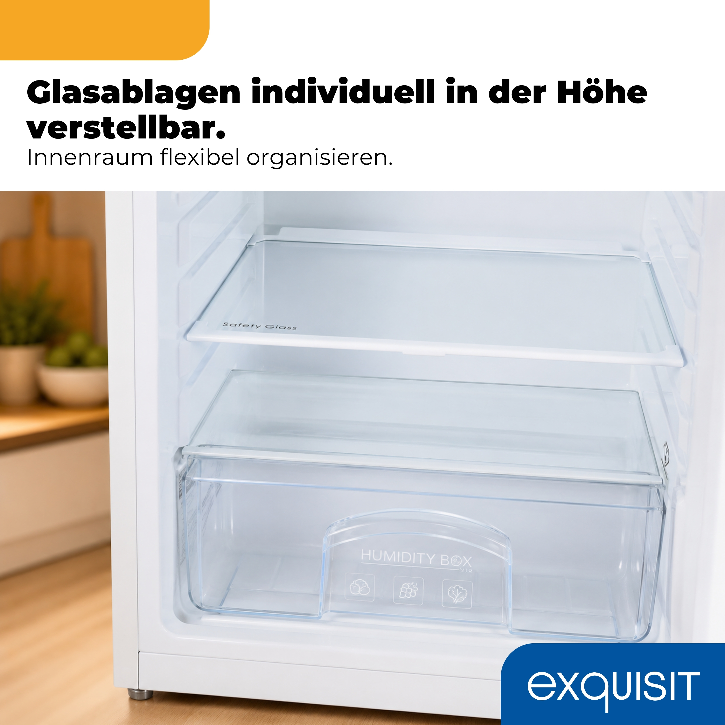 Innenraum eines Kühlschranks mit Glasablagen und einer Schublade.