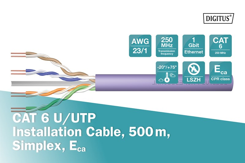 CAT 6 U/UTP Kurulum Kablosu, 500m, Simplex, Eca. AWG 23/1, 250 MHz, 1 Gbit Ethernet.