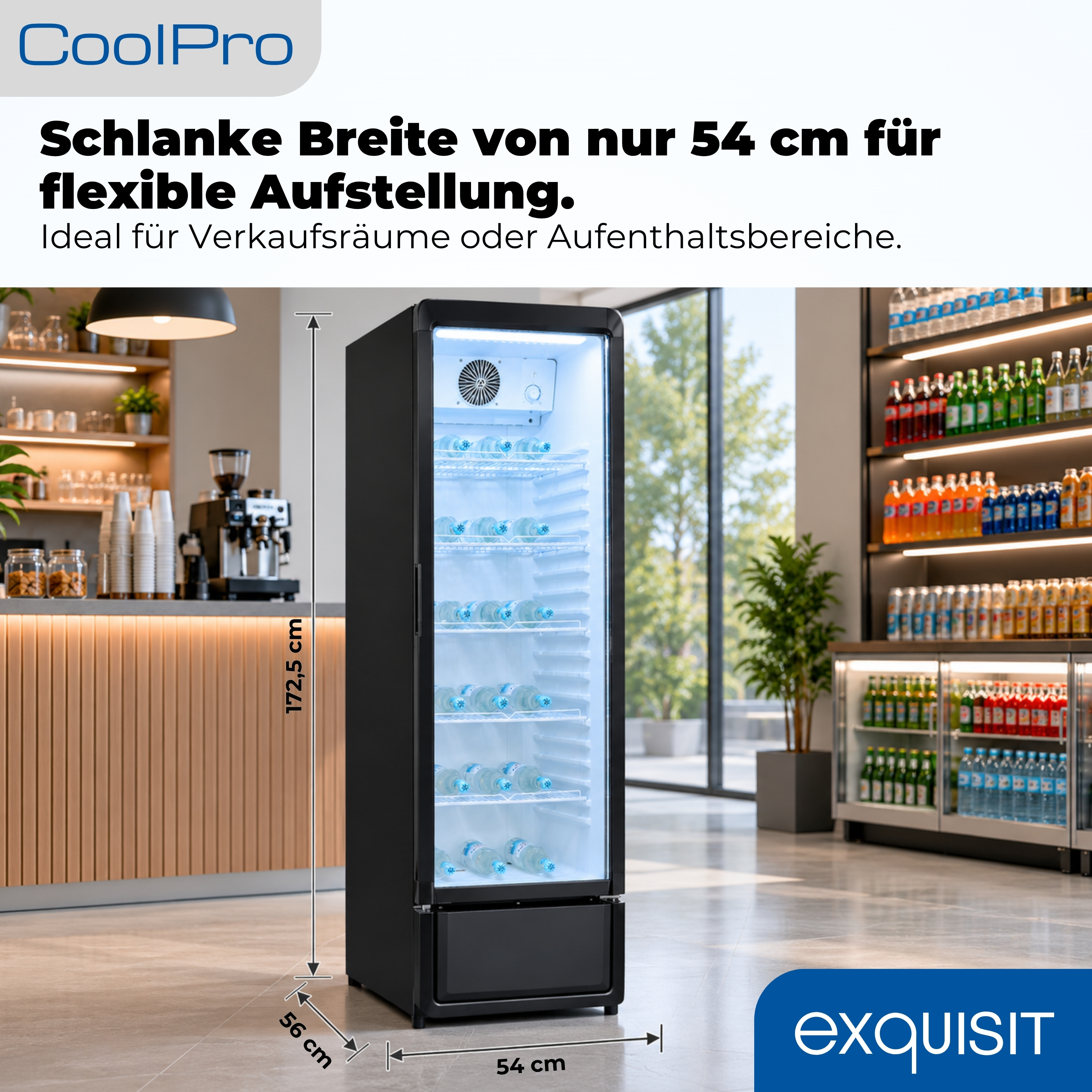 Ein schlankes schwarzes Kühlgerät mit Flaschen gefüllt, 54 cm breit.
