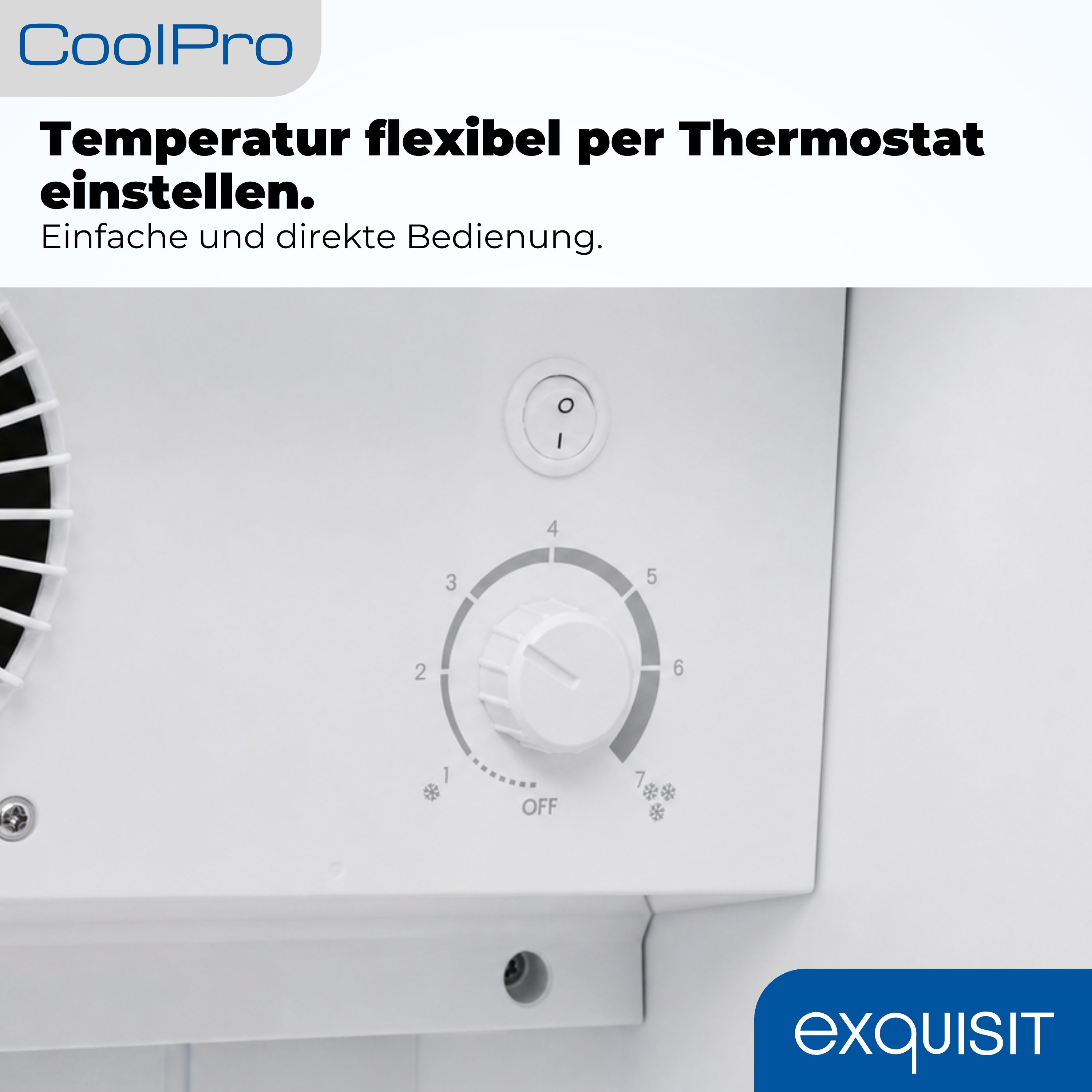 Naheinstellung eines weißen Thermostats mit Temperaturregler und Schalter.
