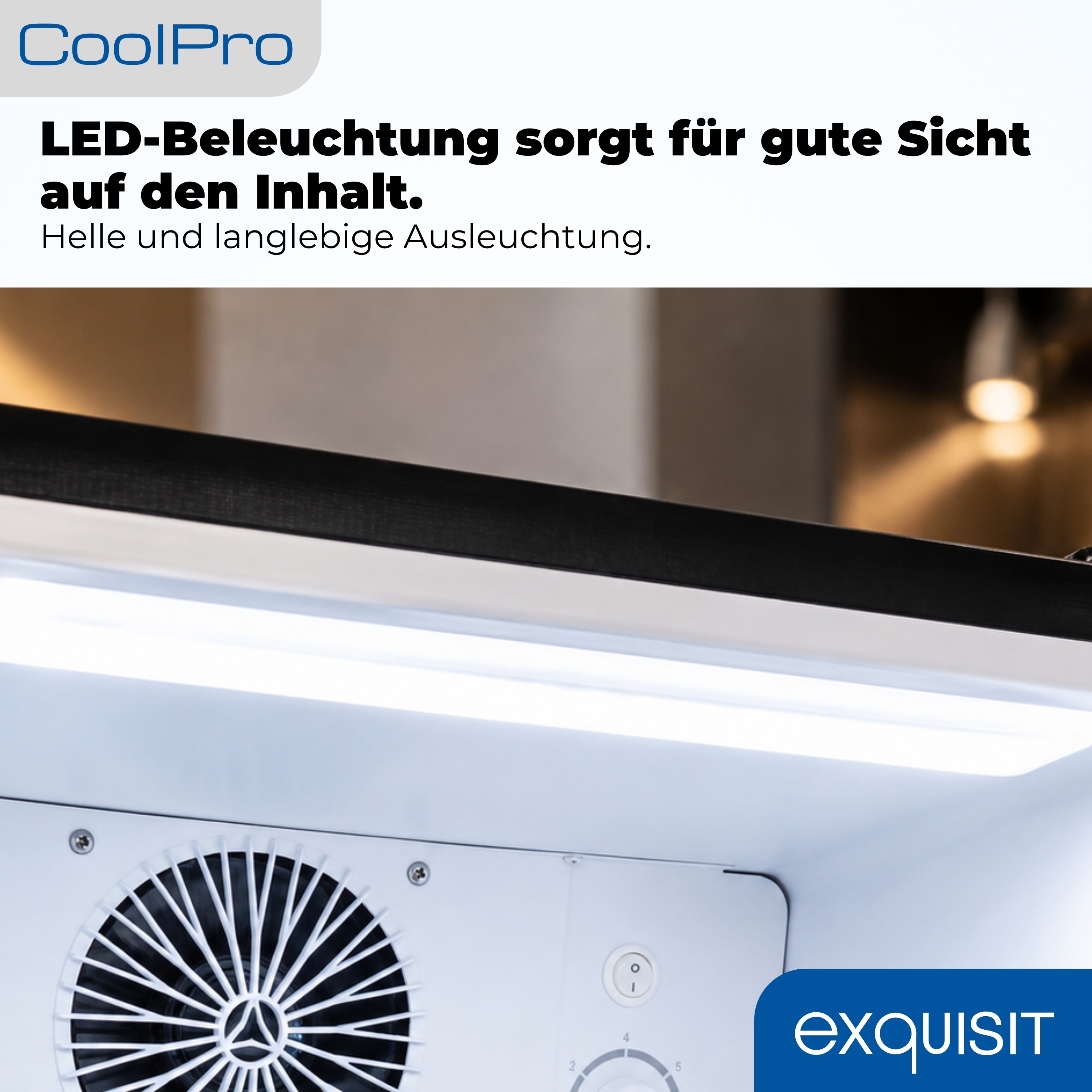 Kühlschrankinnenraum mit LED-Beleuchtung, Lüfter und Regler.