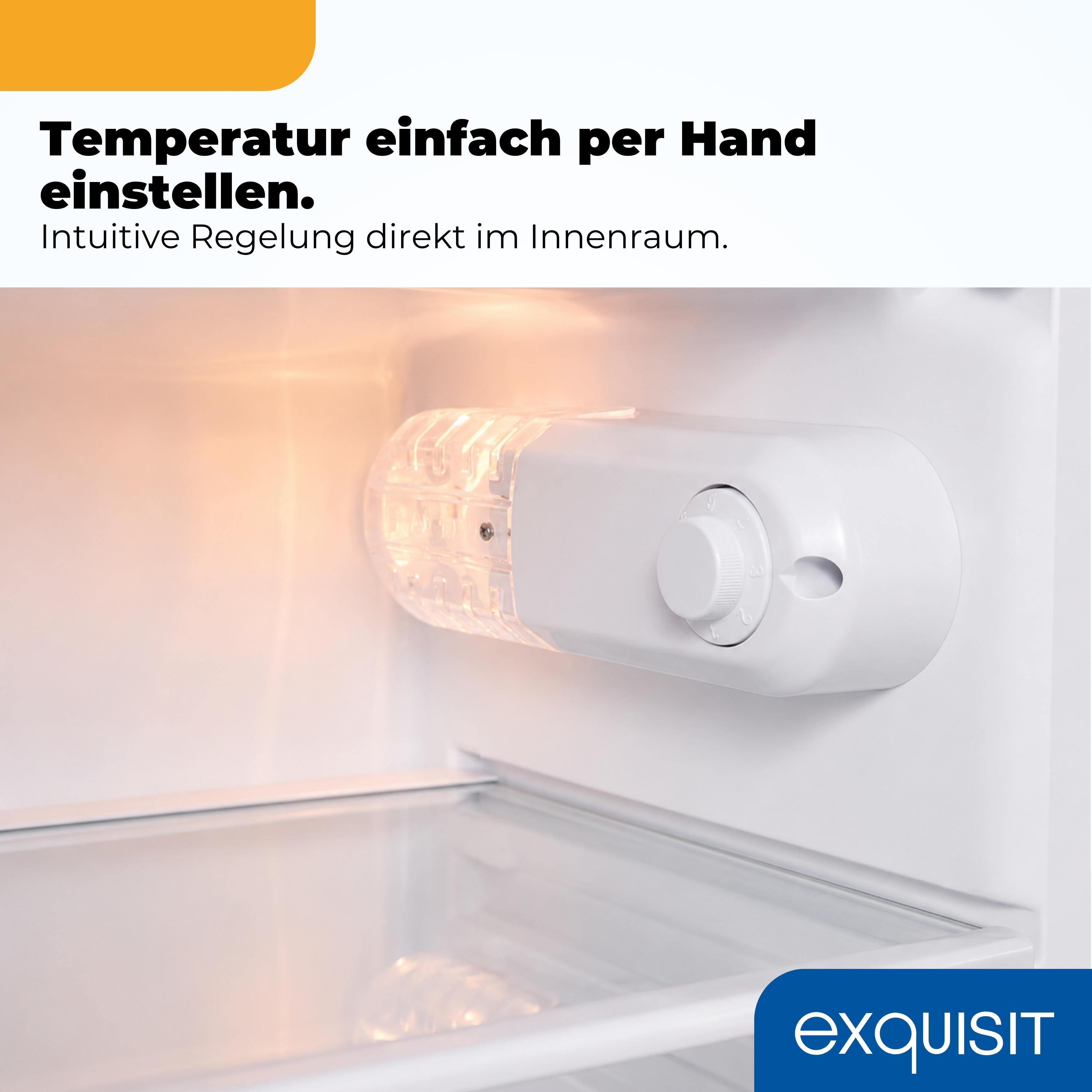 Ein weißer Temperaturregler mit Skala und Drehknopf im Inneren eines Kühlschranks.