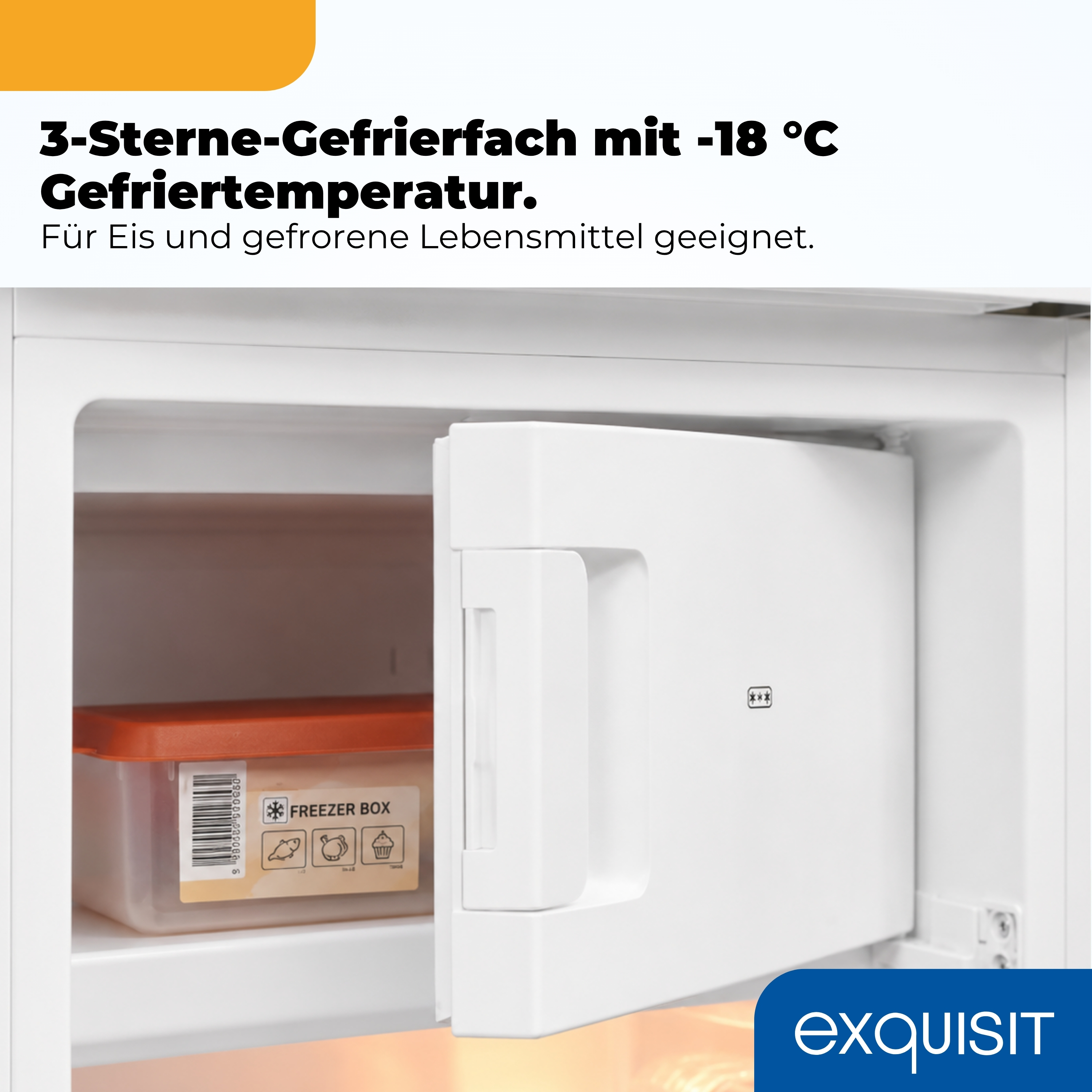 Ein offenes Gefrierfach mit einer Tiefkühltruhe und dem Logo von Exquisit.