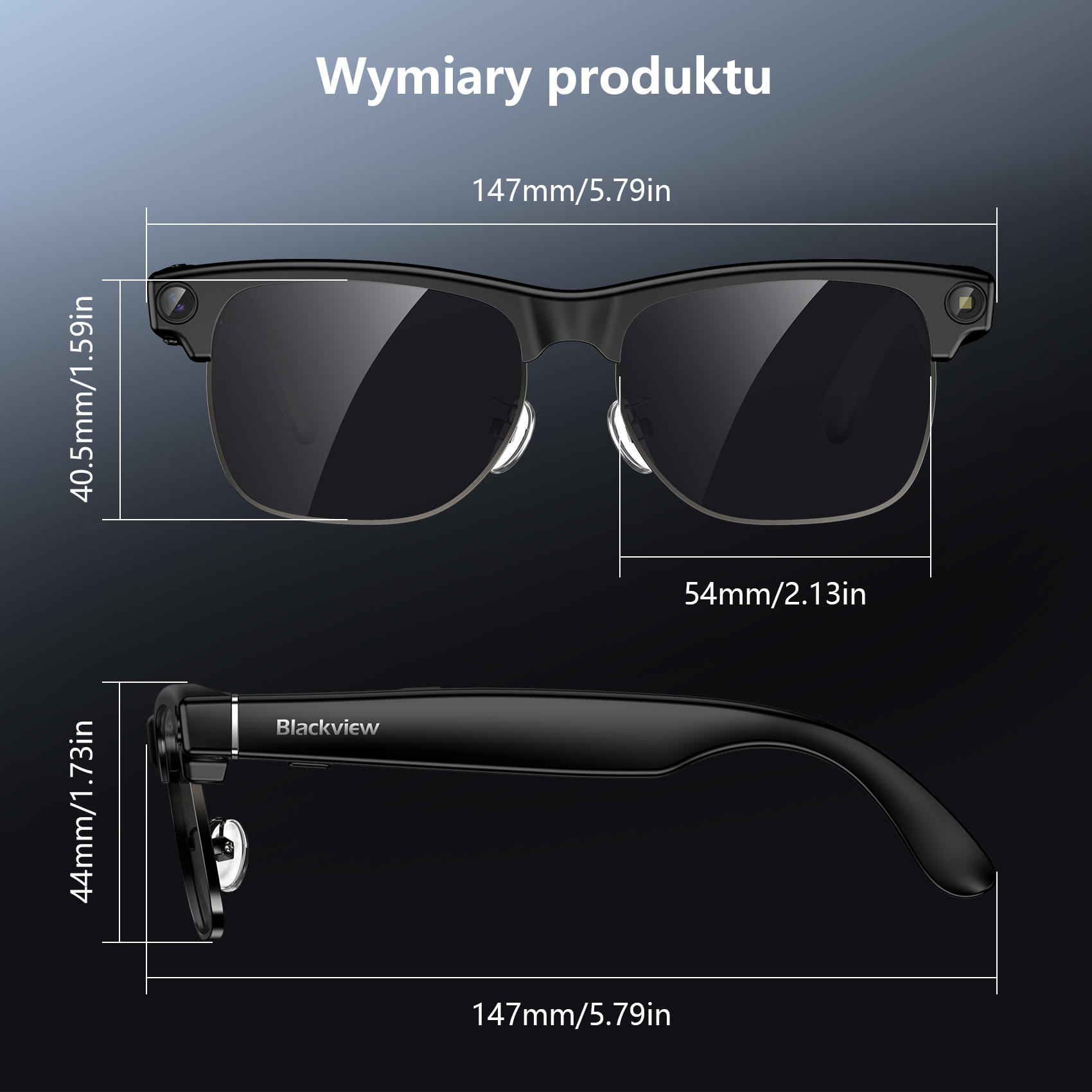 Czarne okulary z kamerami. Wymiary: 147x40.5x54mm.