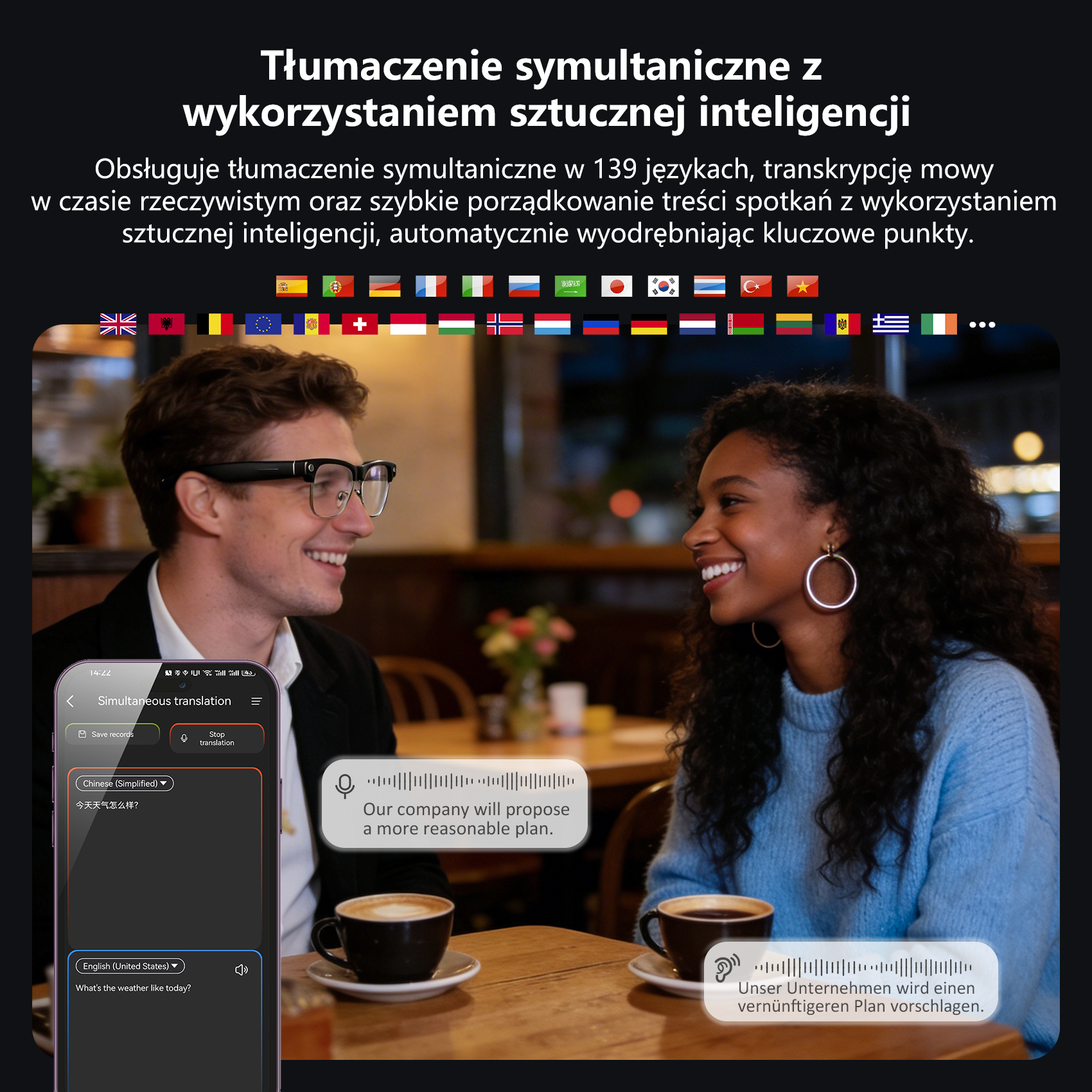 Dwie osoby rozmawiają w kawiarni z aplikacją tłumaczącą na telefonie.