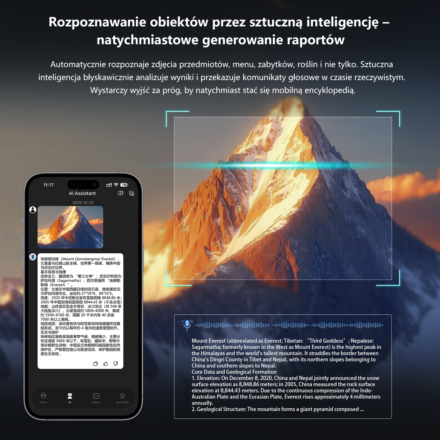 Telefon wyświetla Mount Everest analizowany przez asystenta AI.